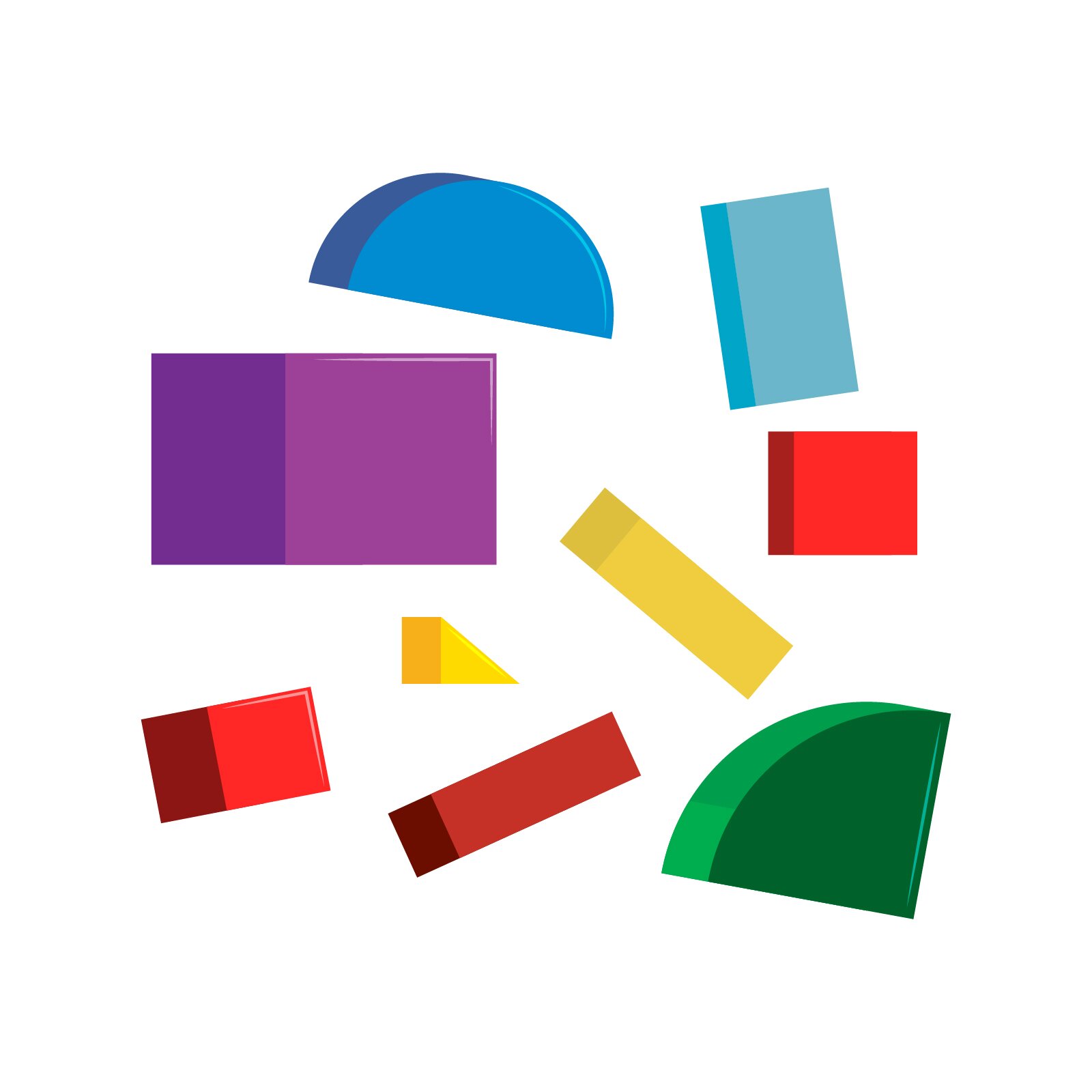 Ilustracja przedstawia rozsypane kolorowe klocki. Są to klocki prostokątne oraz półkoliste.