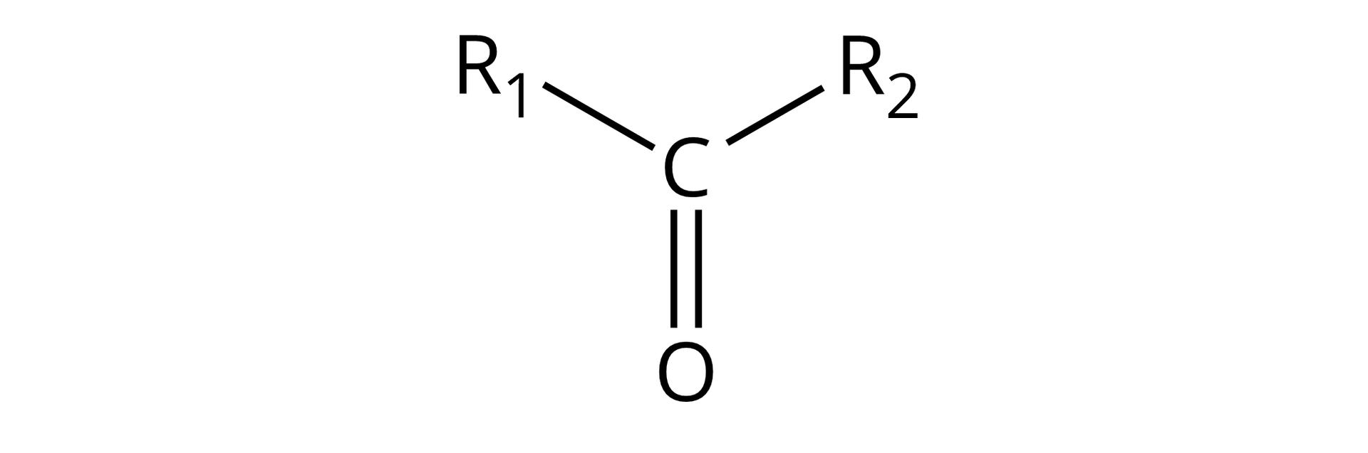 Ilustracja przedstawia ogólny wzór ketonów. Ketony zbudowane są z grupy karbonylowej, którą tworzy atom węgla C połączony za pomocą wiązania podwójnego z atomem tlenu O oraz za pomocą wiązań pojedynczych z podstawnikami, odpowiednio R1 i R2.