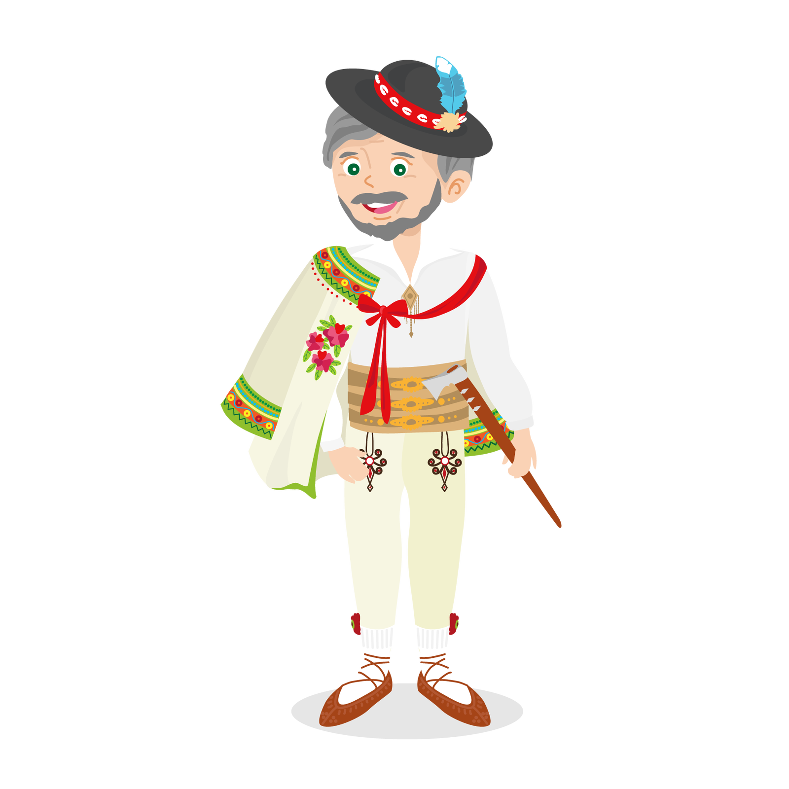 Ilustracja przedstawia mężczyznę w stroju góralskim. Mężczyzna ma krótkie siwe włosy, wąsy i krótką brodę. Jest ubrany w białą koszulę z długimi rękawami i kołnierzykiem, czarny kapelusz z czerwoną tasiemką ozdobioną muszelkami i niebieskim piórkiem, długie beżowe spodnie z szerokim jasnobrązowym pasem, białe skarpety i wiązane brązowe buty. Przy kieszeniach spodni widać ozdobny kwiatowy wzór. Na ramionach mężczyzny widać beżową pelerynę związaną czerwoną wstążką. W górnej i dolnej części peleryny oraz na środku znajduje się kolorowy kwiatowy wzór. Mężczyzna trzyma w lewej ręce ciupagę, czyli niewielką siekierkę składającą się z drewnianego uchwytu i metalowego ostrza.