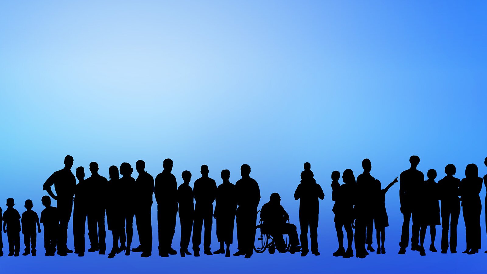 Ilustracja przedstawia grupę osób stojących obok siebie. Widać osoby wysokie i niskie oraz kogoś na wózku. Wszyscy są w kolorze czarnym. Tło obrazu jest niebieskie. 