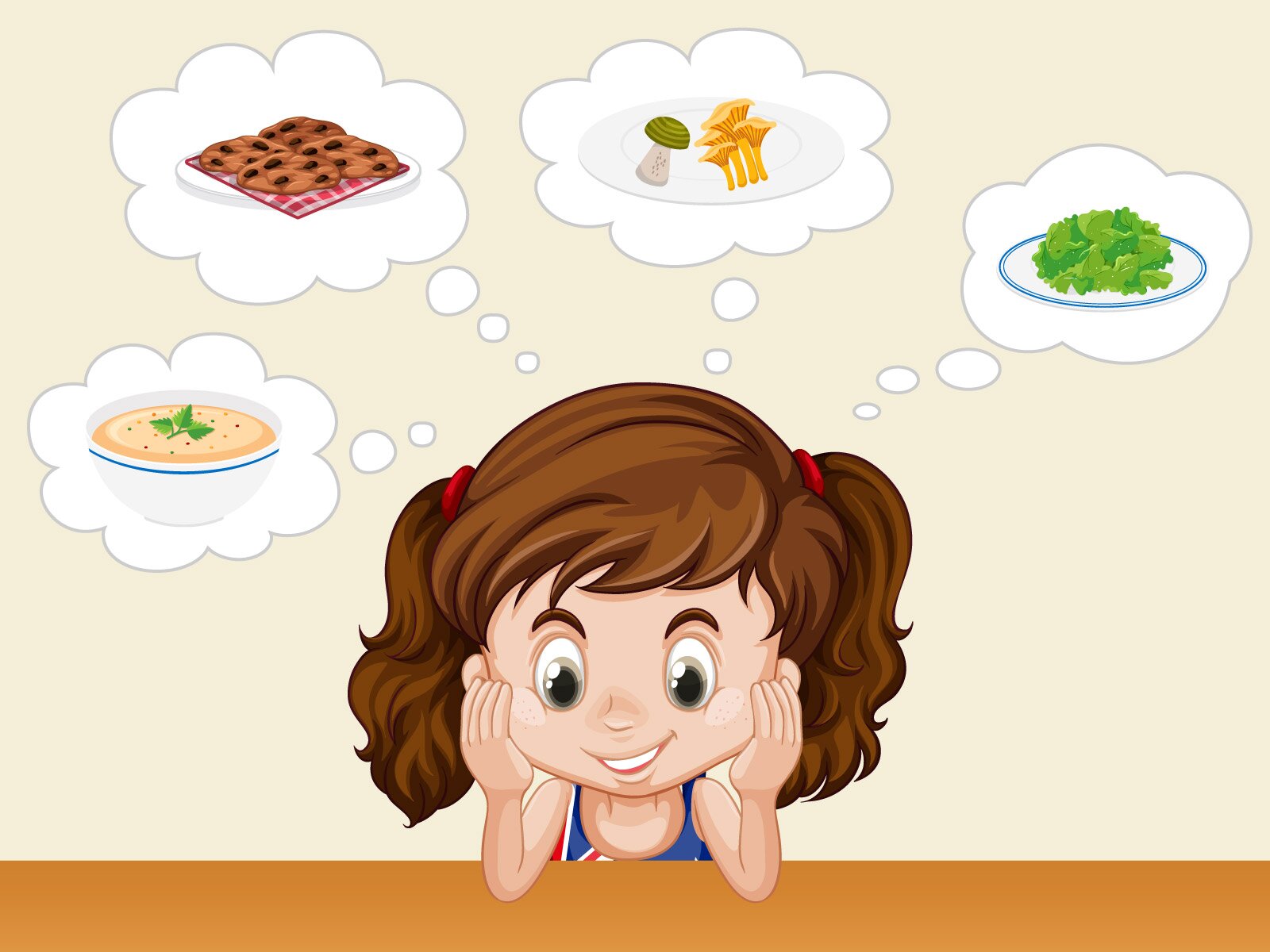 Grafika przedstawia małą dziewczynkę siedzącą przy blacie i podpierającą rękami głowę. Dziewczynka ma dłuższe, brązowe włosy związane w dwa kucyki i jest ubrana w koszulkę na ramiączkach. Nad głową dziewczynki widoczne są chmurki myślowe z rysunkami (od lewej): z miseczką z zupą, okrągłymi ciasteczkami z czekoladą, różnymi grzybami i liśćmi zielonej sałaty.