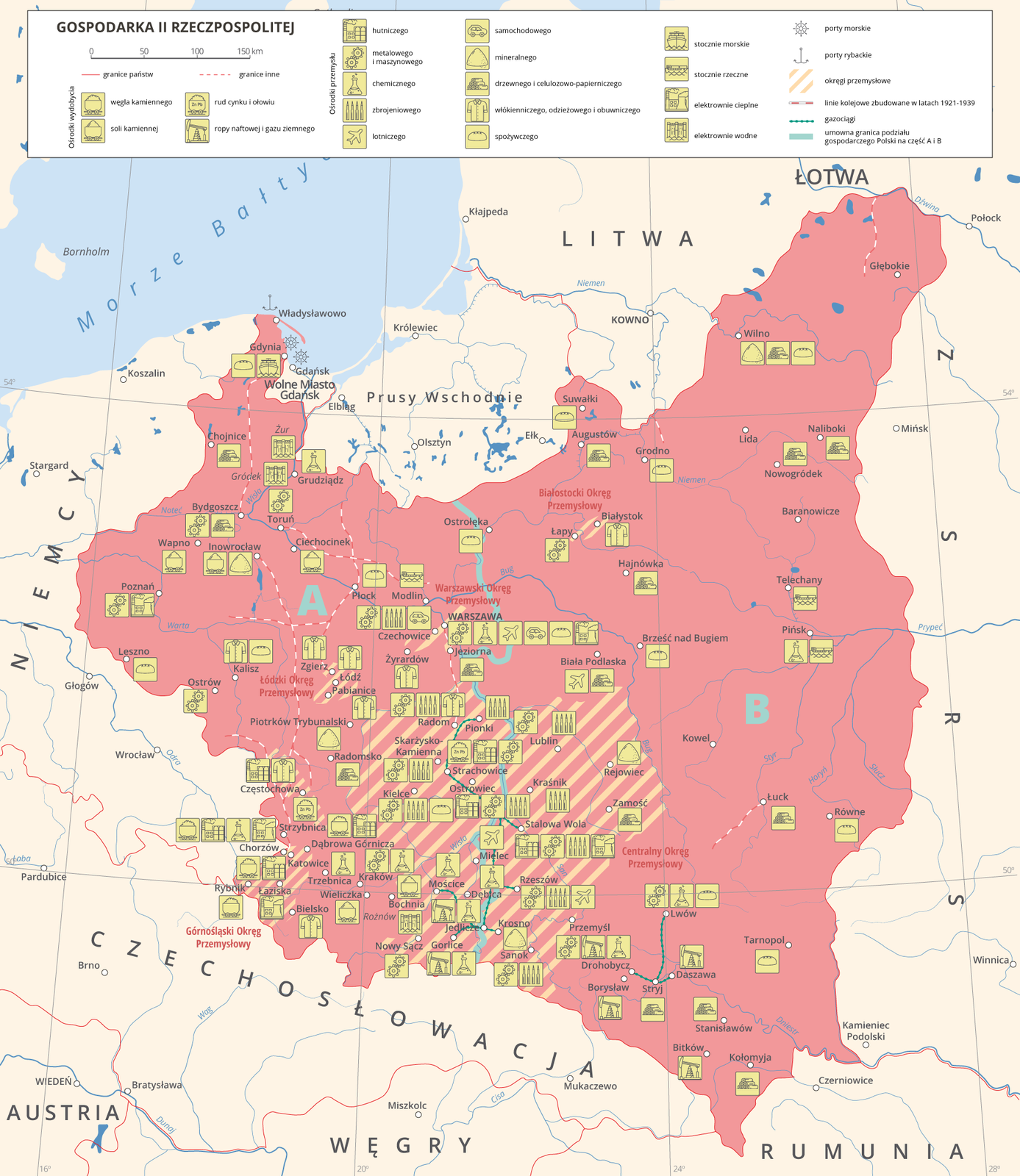 Mapa przedstawia gospodarkę II Rzeczpospolitej. Zaznaczone są na niej ośrodki wydobycia: węgla kamiennego, soli kamiennej, rud cynku i ołowiu, ropy naftowej oraz ośrodki przemysłu: hutniczego, metalowego i maszynowego, chemicznego, zbrojeniowego, lotniczego, samochodowego, mineralnego, drzewnego i celulozowo‑papierniczego, włókienniczego, odzieżowego, obuwniczego, spożywczego. Zaznaczono także stocznie morskie i rzeczne, elektrownie cieplne i wodne, porty morskie i rybackie, okręgi przemysłowe, linie kolejowe zbudowane w latach 1921‑1939 oraz gazociągi. Przez środkową część kraju biegnie pionowo umowna granica podziału gospodarczego Polski na część A i B. W części A występuje więcej przemysłu: włókienniczego, odzieżowego i chemicznego, ośrodki przemysły mineralnego, elektrowni wodnych. W część B więcej ośrodków przemysłu zbrojeniowego, spożywczego, lotniczego. 