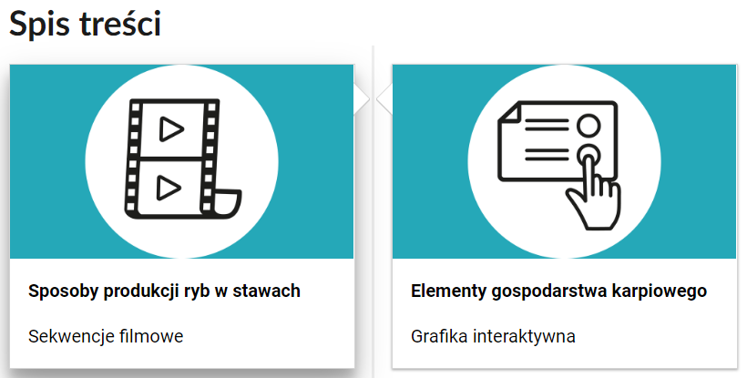 Grafika przedstawia dwa kafelki ze spisu treści. Są umiejscowione obok siebie. Mają prostokątny kształt. Górna część kafelka to grafika z symbolem danego multimedium. Symbol narysowany jest czarnymi liniami. Symbol znajduje się w białym kole na błękitnym tle. Dolna część to tytuł i nazwa multimedium. Kafelek z lewej przedstawia kliszę filmową z widocznym w niej trójkątem symbolizującym włączenie odtwarzania filmu. Podpis tego multimedium brzmi: Sposoby produkcji ryb w stawach, sekwencje filmowe. Drugi kafelek przedstawia prostokąt na którym zaznaczone są linijki tekstu. Obok nich znajdują się okrągłe pola. Widać dłoń, która palcem wskazującym klika jedno z tych pól. Podpis multimedium brzmi: Elementy gospodarstwa karpiowego, grafika interaktywna.