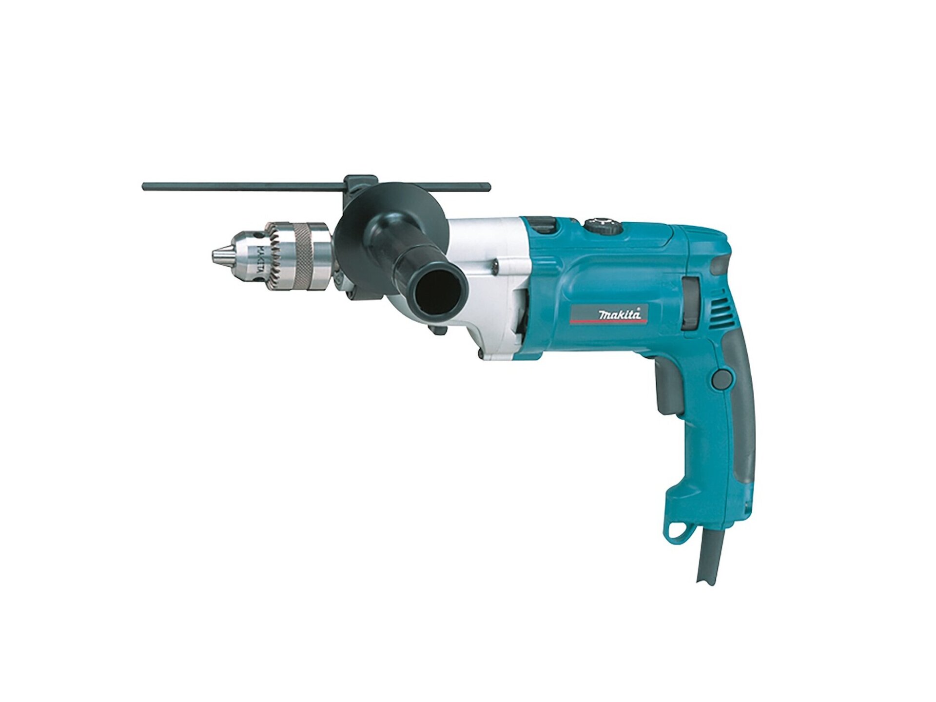 Na grafice przedstawiono wiertarkę udarową. Jest to narzędzie elektryczne, które służy do wiercenia otworów w różnych materiałach, takich jak drewno, metal czy beton. Korpus urządzenia stanowi rękojeść, która ma wyprofilowany kształt, pasujący do dłoni użytkownika. Na rękojeści znajduje się włącznik, który umożliwia włączanie i wyłączanie urządzenia. Widoczne są tutaj także otwory wentylacyjne służące odprowadzaniu nadmiaru ciepła z wnętrza urządzenia podczas jego pracy. Wiertarka udarowa ma solidny i wytrzymały korpus. Korpus ma cylindryczny kształt. Nad korpusem znajduje się dodatkowy uchwyt ułatwiający kontrole nad narzędziem podczas pracy. W części przedniej wiertarki znajduje się uchwyt na wiertło. Uchwyt ten może być regulowany, co umożliwia zamocowanie różnych rozmiarów wiertła. Ma on kształt stożkowy i wykonany jest z metalu.