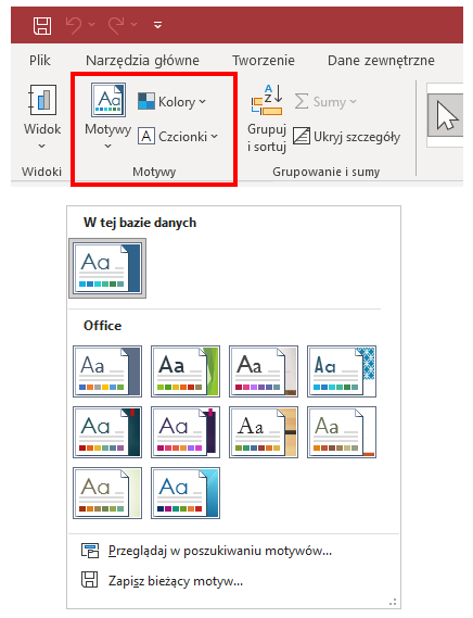 Zrzut ekranu przedstawia fragment paska menu w programie  Microsoft Access . W czerwonej ramce zaznaczono opcje menu: Motywy, kolory i czcionki wraz z odpowiadającymi im ikonkami. Pod spodem otwarte jest duże okno z miniaturkami przykładowych motywów.  