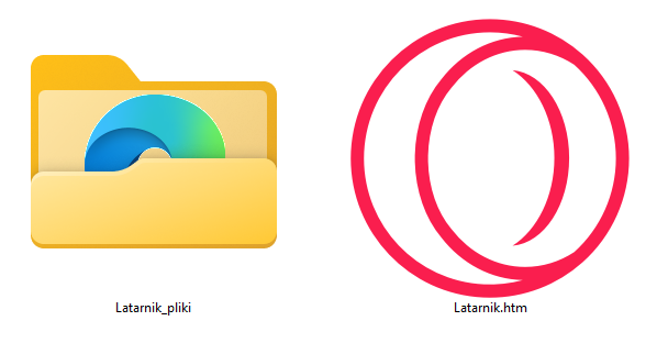 Zrzut dwóch ikon. Ikonka kartki papieru z symbolem przeglądarki (Opera) to dokument tekstowy Latarnik.htm w formacie html. Ikonka folderu Latarnik_pliki zawiera pliki pomocnicze dla stworzonej strony html z ikonką Microsoft Edge.