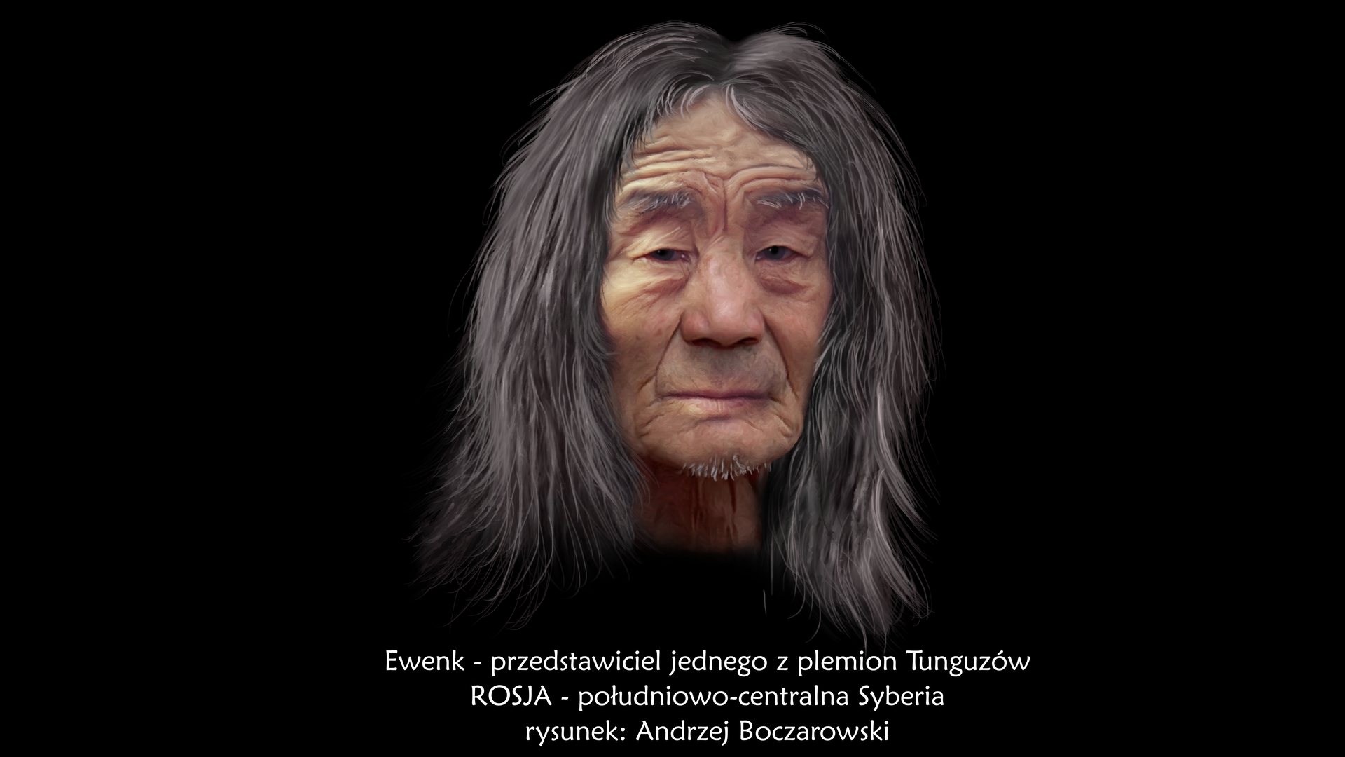 Ilustracja prezentuje portret Ewenka. Jest to starszy mężczyzna o jasnej karnacji, pociągłej płaskiej twarzy, krótkim czole ze zmarszczkami oraz długich czarnych włosach z pasmami siwych włosów.
