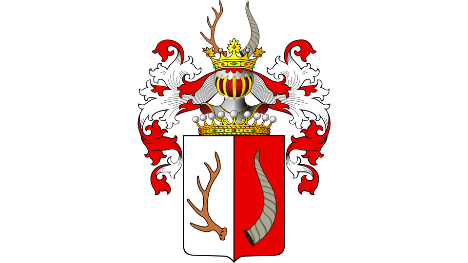 Na ilustracji herb Krasickich. Tarcza jest podzielona na dwie części. Z lewej strony na białym  polu znajduje się róg  jeleni czerwony. Z prawej strony na czerwonym tle znajduje się srebrny róg tura. Zwieńczeniem herbu jest złota korona wysadzana drogocennymi kamieniami. Nad koroną znajduje się srebrny hełm ze złotym wisiorkiem na szyi i w złotej koronie na głowie. Z korony wystają róg turzy i jeleni. Po dwóch stronach tarczy są trzymacze w kolorach białym i czerwonym.