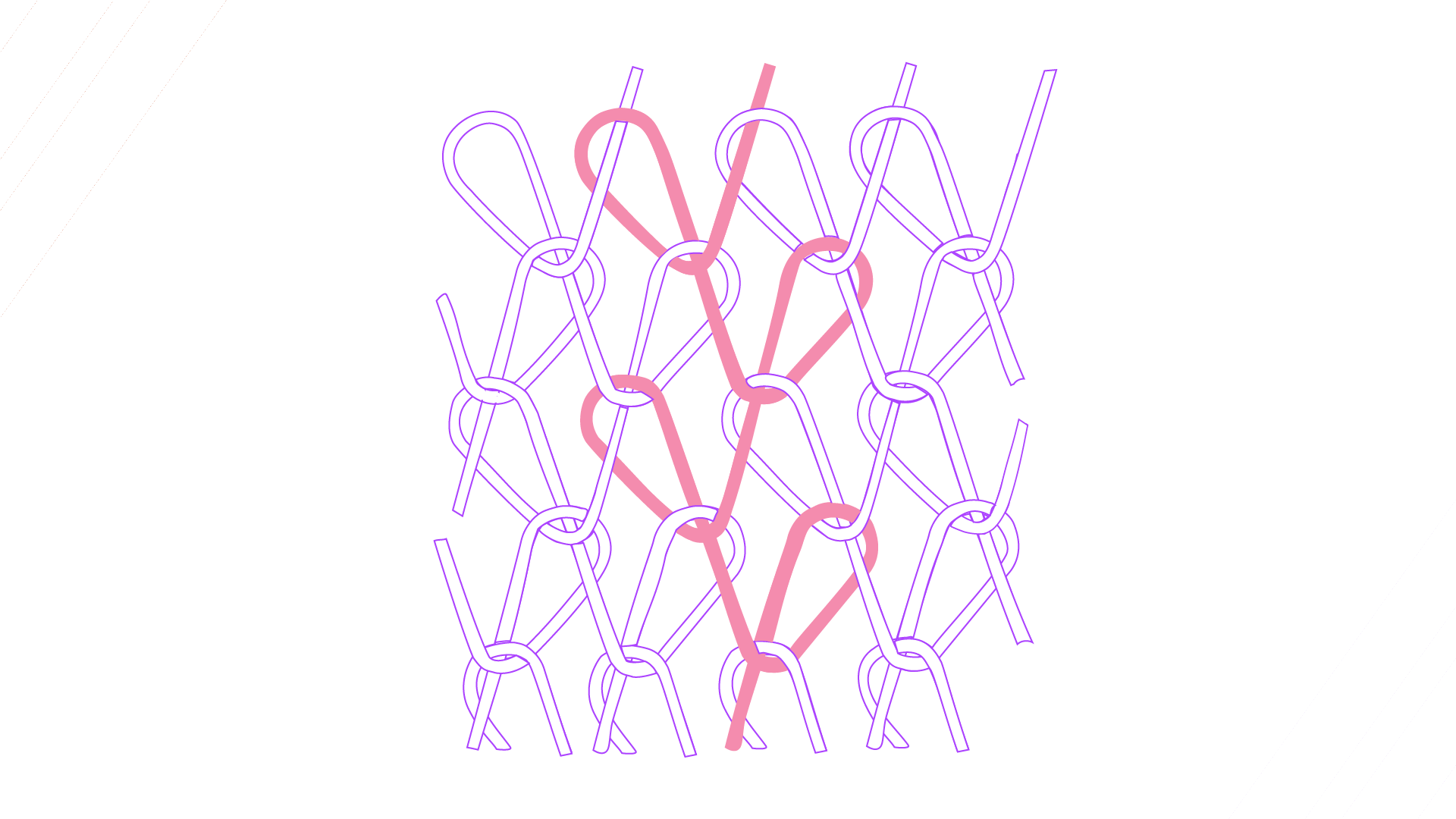 Grafika w sposób schematyczny przedstawia sposób formowania nitki w dzianinie kolumienkowej. Jedna z nitek oznaczona jest różowym kolorem.Nagranie tożsame z treścią.