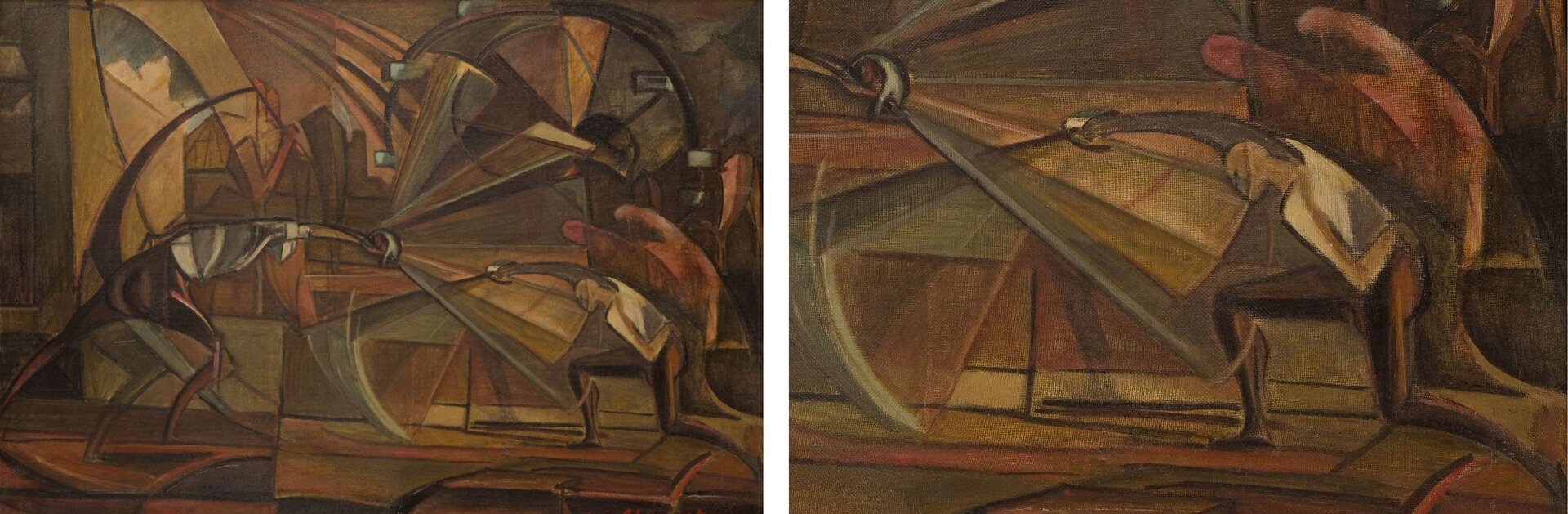 Ilustracja przedstawia obraz Leona Chwistka „Szermierka”. Tematem dzieła jest walka na szpady dwóch syntetycznie ujętych mężczyzn, ubranych w białe koszule i ciemne spodnie. Ich sylwetki wpisują się w tło, wypełnione figurami geometrycznymi, utrzymanymi w brązach, ugrach, zieleniach i czerwieniach. Malarz ukazał poszczególne fazy ruchu.