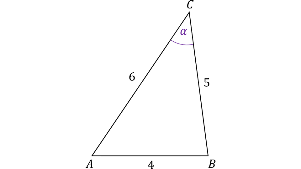Rysunek przedstawia trójkąt o wierzchołkach oznaczonych jako A (lewy dolny), B (prawy dolny) i C (górny). Podane są wymiary boków :Długość boku AB wynosi 4.Długość boku AC wynosi 6. Długość boku BC wynosi 5. Przy wierzchołku C, zaznaczono kąt  ACB i oznaczono go literą alfa.