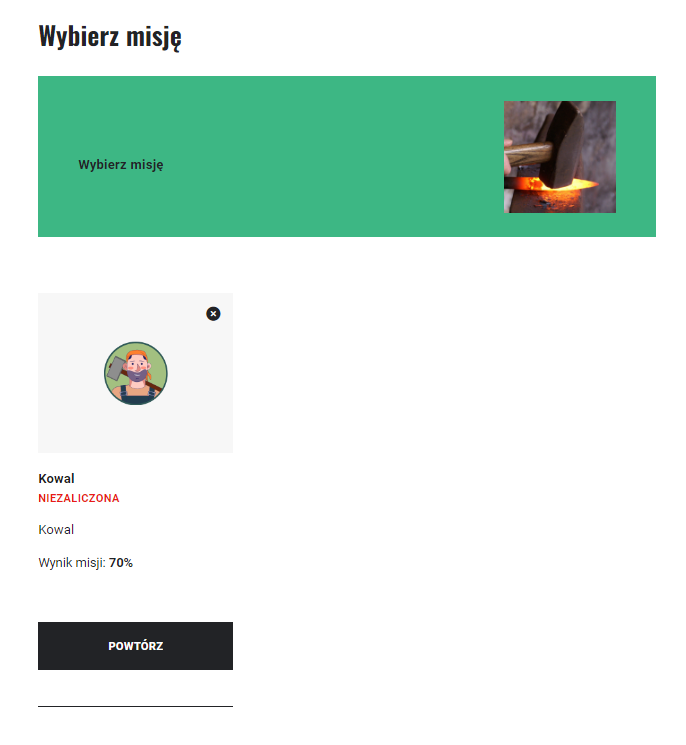 Ekran pełnego podsumowania w grze edukacyjnej w przypadku niezaliczenia misji