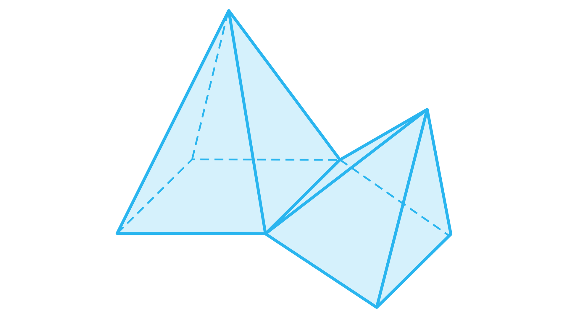 Ilustracja przedstawia dwa ostrosłupy czworokątne. Zostały one połączone jedną krawędzią podstawy. Ich podstawy nie leżą na jednej płaszczyźnie.