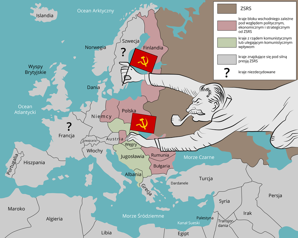 Ilustracja przedstawia mapę Euroazji. Od strony Azji nad mapą pochylony jest Józef Stalin. Próbuje wbić flagę ZSRS na terytorium Szwecji i Austrii. Na mapie zaznaczone są kraje bloku wschodniego zależne pod względem politycznym od ZSRS: Finlandia, Estonia, Polska, NRD, Rumunia, Bułgaria. A także kraje znajdujące się pod silną presją ZSRS: Czechosłowacja, Węgry, Jugosławia, Albania. 