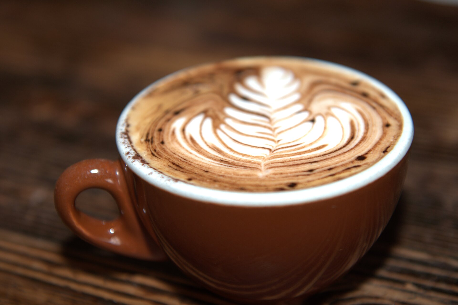 Zdjęcie przedstawiające brązową filiżankę z kawą ustawioną na drewnianym blacie. Pianka na wierzchu kawy układa się w wzór przypominający liścia.