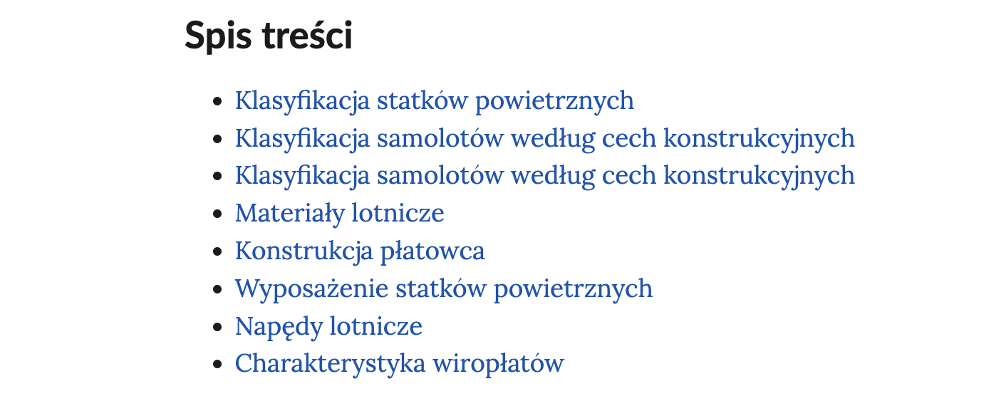 Zrzut ekranu przedstawia spis treści atlasu interaktywnego. Widoczny jest nagłówek. Spis treści. Poniżej nagłówka jest kilka linków przenoszących do odpowiednich podrozdziałów atlasu.