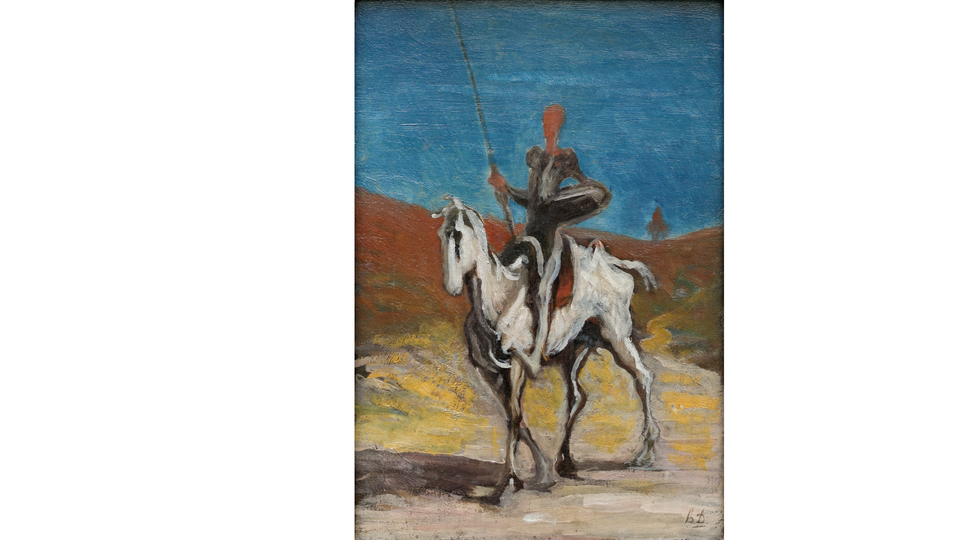 Obraz przedstawia Don Kichota siedzącego na wychudzonym białym koniu, który jedzie po piaszczystej drodze gdzieś na pustkowiu, wśród pagórkowatego krajobrazu. Rycerz jest ubrany w zbroję, trzyma w lewej ręce tarczę a w prawej wzniesioną do góry lancę. Twarz Don Kichota jest niewidoczna.  Widoczny jest jej zarys – brakuje nosa, włosów, oczu i innych elementów anatomicznych. W tle obrazu, za jeźdźcem, malują się niewielkie wzniesienia przedzielone drogą. Gdzieś daleko, daleko, majaczy sylwetka giermka – Sancho Pansy . Nad wszystkim góruje niebiesko‑szare niebo.