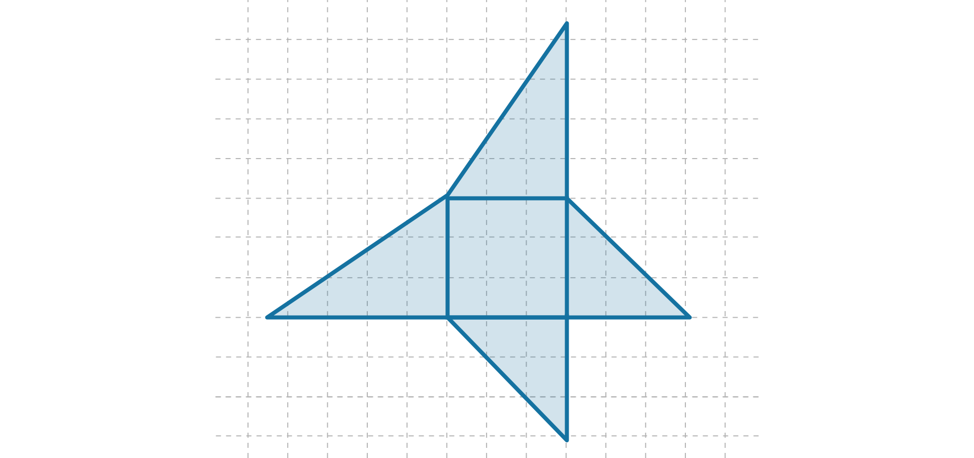 Rysunek przedstawia siatkę ostrosłupa, której podstawą jest kwadrat. Ściany boczne tego ostrosłupa to dwie pary takich samych trójkątów prostokątnych.
