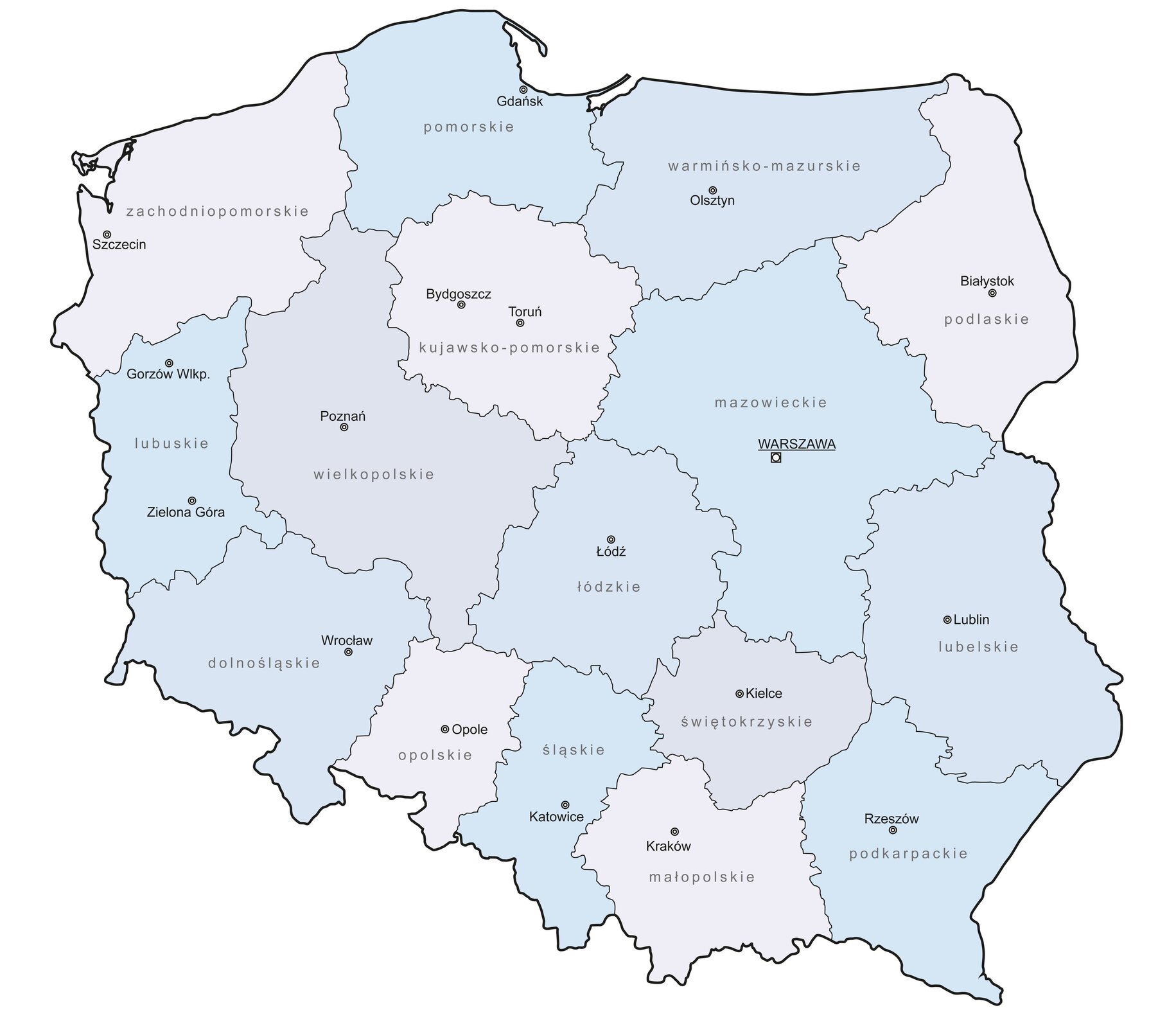 Ilustracja przedstawia mapę administracyjną Polski. Każde województwo zaznaczone jest innym kolorem. Zaznaczone są również stolice poszczególnych województw.
Układ województw z ich stolicami od północy do południa: zachodniopomorskie ze stolicą w Szczecinie, pomorskie ze stolicą w Gdańsku, warmińsko‑mazurskie ze stolicą w Olsztynie, lubuskie ze stolicą w Gorzowie Wielkopolskim i Zielonej Górze, wielkopolskie ze stolicą w Poznaniu, kujawsko‑pomorskie ze stolicami w Bydgoszczy i Toruniu, mazowieckie ze stolicą w Warszawie, dolnośląskie ze stolicą we Wrocławiu, łódzkie ze stolicą w Łodzi, lubelskie ze stolicą w Lublinie, opolskie ze stolicą w Opolu, śląskie ze stolicą w Katowicach, świętokrzyskie ze stolicą w Kielcach, małopolskie ze stolicą w Krakowie, podkarpackie ze stolicą w Rzeszowie.