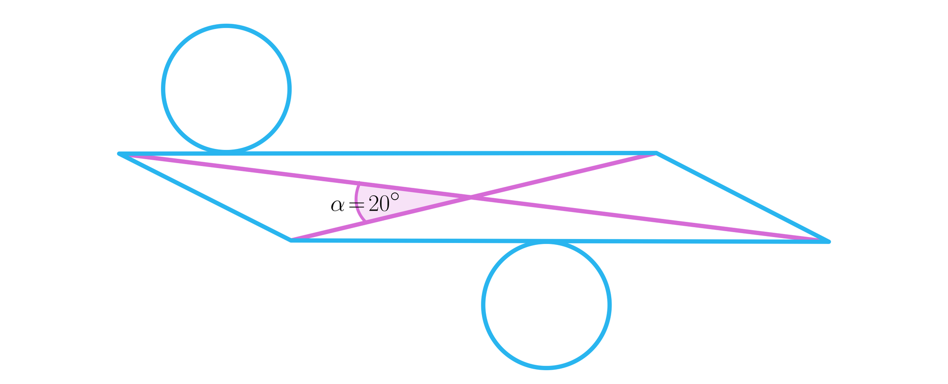 Ilustracja przedstawia siatkę walca składającą się z równoległoboku oraz dwóch kół stycznych do dwóch dłuższych przeciwległych boków równoległoboku. Na ilustracji zaznaczono także dwie przekątne równoległoboku, a także kąt ostry alfa utworzony poprzez dwie przecinające się przekątne.