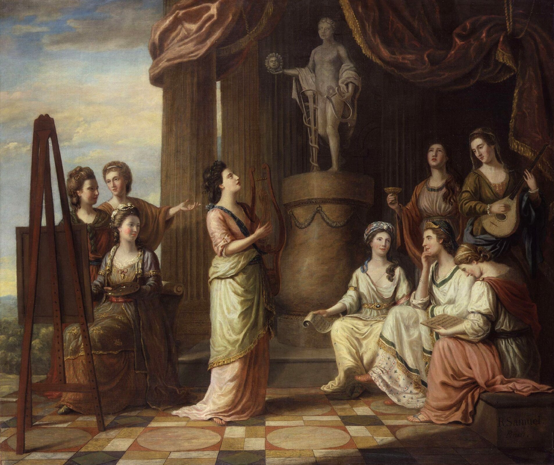 Ilustracja przedstawiająca obraz Richarda Samuela pt. „Portrety dziewięciu muz w świątyni Apolla”. Obraz przedstawia kobiety, znajdujące się w świątyni, każda z nich zajmuje się inną dziedziną sztuki.