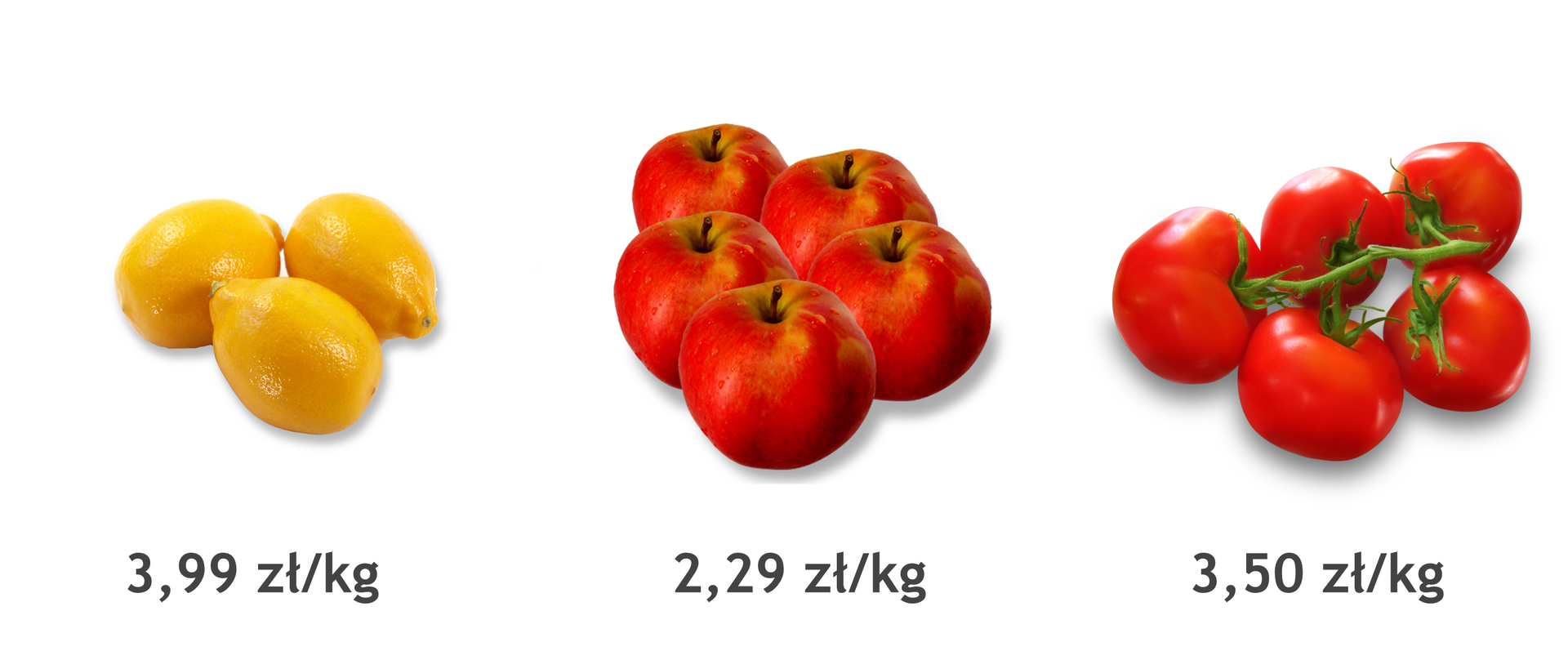 Rysunek cytryny, pomidora i jabłka z podanymi cenami. Cena cytryn 3,99 zł za kilogram. Cena pomidorów 3,50 zł za kilogram. Cena jabłek 2,29 zł za kilogram