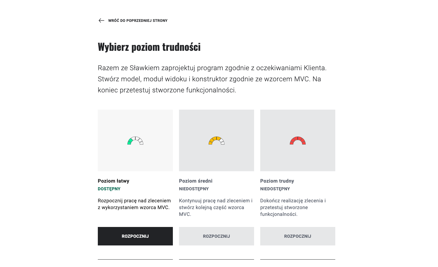 Na ilustracji widoczny jest ekran z możliwością wybrania poziomu trudności. Po lewej stronie znajduje się licznik z wypełnionymi dwoma elementami kolorem zielonym i jest to poziom łatwy i jest dostępny. Poniżej znajduje się przycisk rozpocznij. Na prawo od niego jest licznik z wypełnionymi czterema elementami i ma kolor pomarańczowy. Jest to poziom średni i jest niedostępny. Opcja rozpocznij jest wyszarzała. Na prawo od niego jest licznik z wypełnionymi wszystkimi elementami i ma kolor czerwony. Jest to poziom trudny i również jest niedostępny i wyszarzony.