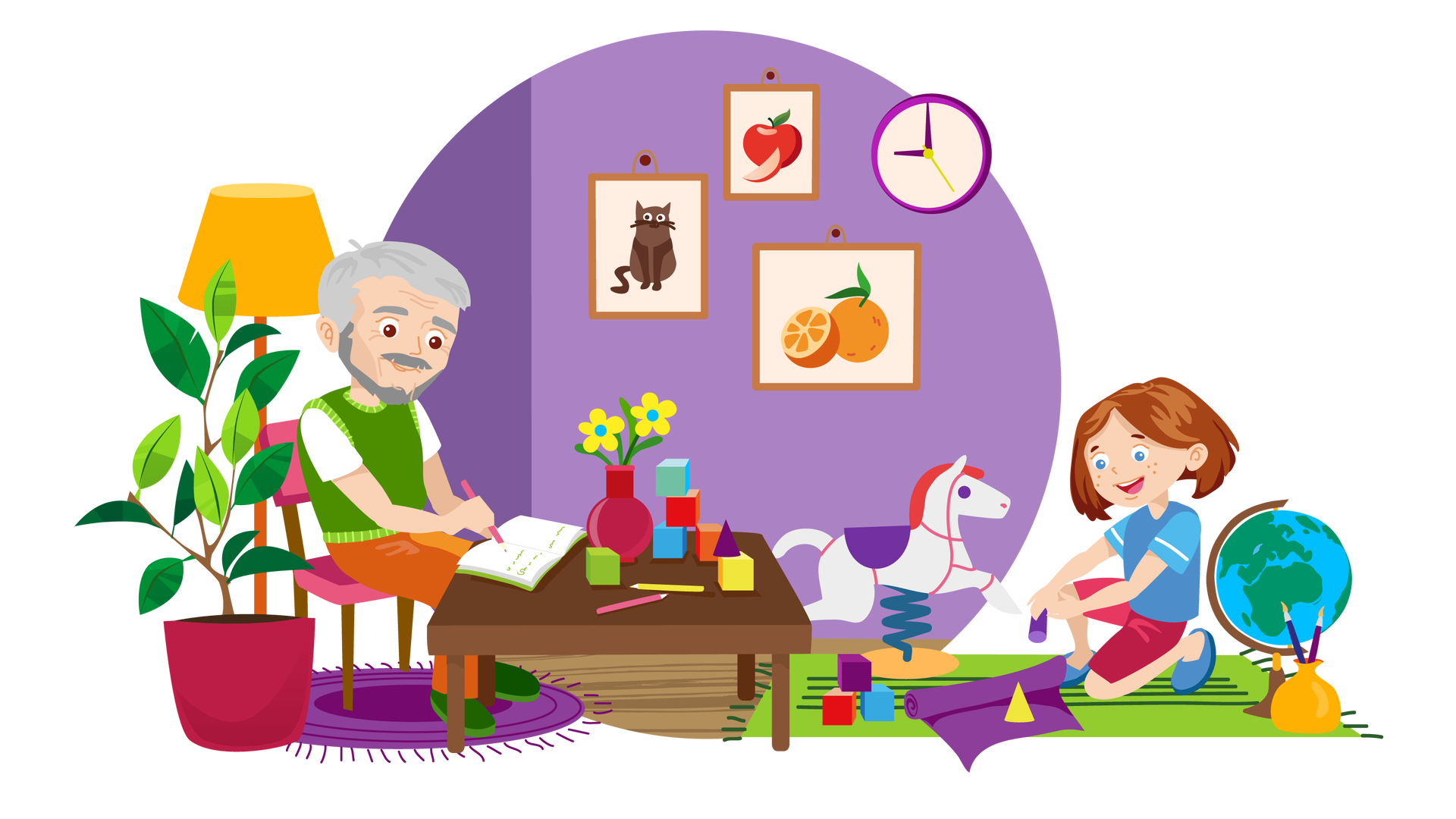 Ilustracja przedstawia pomieszczenie w domu. W tle widać fioletową ścianę, na której wiszą trzy obrazki w jasnobrązowych ramkach oraz okrągły fioletowy zegar ze wskazówkami. Pierwszy obrazek przedstawia ciemnobrązowego kota. Drugi obrazek przedstawia czerwone jabłko z zielonym listkiem i niewielki kawałek drugiego jabłka. Trzeci obrazek przedstawia pomarańczę z dwoma zielonymi listkami oraz opartą o nią połowę drugiej pomarańczy. Na pierwszym planie, na drewnianej podłodze, stoi niski, kwadratowy, ciemnobrązowy stolik. Znajdują się na nim od lewej strony: otwarty notatnik w jasnozielonej okładce, dwa żółte kwiaty w ciemnoczerwonym wazonie, różowa kredka, żółta kredka i kilka kolorowych klocków. Na lewo od stołu leży okrągły fioletowy dywan z frędzlami. Stoi na nim różowe krzesło, na którym siedzi dziadek Franka i Mai. Jest ubrany w białą koszulkę z krótkimi rękawami, zieloną kamizelkę, długie pomarańczowe spodnie i ciemnozielone buty. W prawej dłoni trzyma jasnoróżowy ołówek, którym zapisuje coś w notatniku. Za dziadkiem stoi wysoka lampa podłogowa z ciemnożółtym kloszem oraz duża zielona roślina w ciemnoróżowej donicy. Na prawo od stołu leży prostokątny jasnozielony dywan z ciemnozielonymi frędzlami. Znajdują się na nim od lewej strony: cztery kolorowe klocki, biały konik na sprężynie, z fioletowym siodłem i różową grzywą, fioletowy kocyk zwinięty w rulon, globus na brązowym stojaku oraz dwa pędzle w ciemnożółtym pojemniku. Na dywanie kuca Maja. Jest ubrana w niebieską koszulkę z krótkimi błękitnymi rękawami, krótkie ciemnoróżowe spodnie i ciemnoniebieskie buty. W prawej dłoni trzyma fioletowy klocek, na który spogląda.