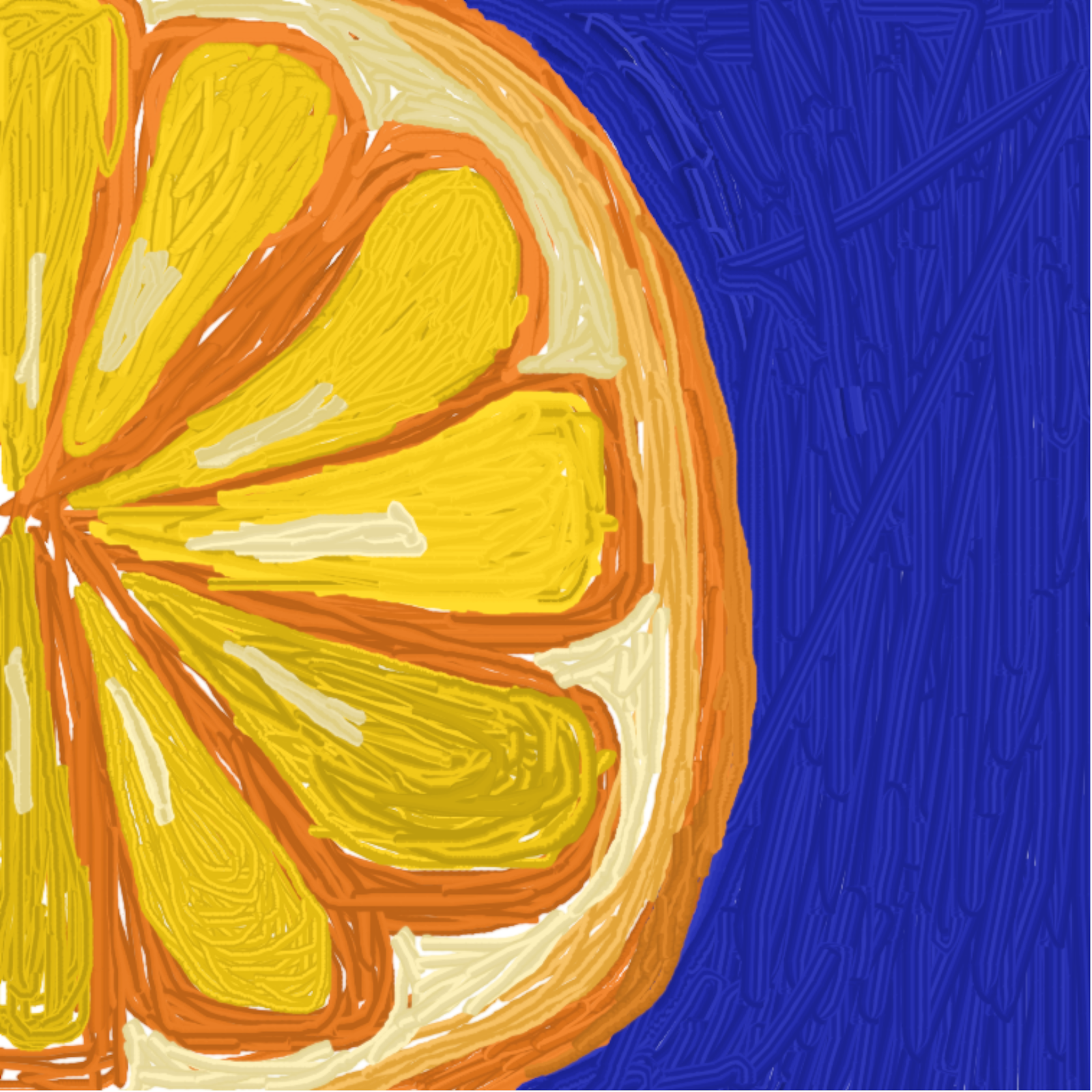 Praca przedstawia połowę pomarańczy, a dalsza jej część ukryta jest za krawędziami pracy. Tło jest granatowe.