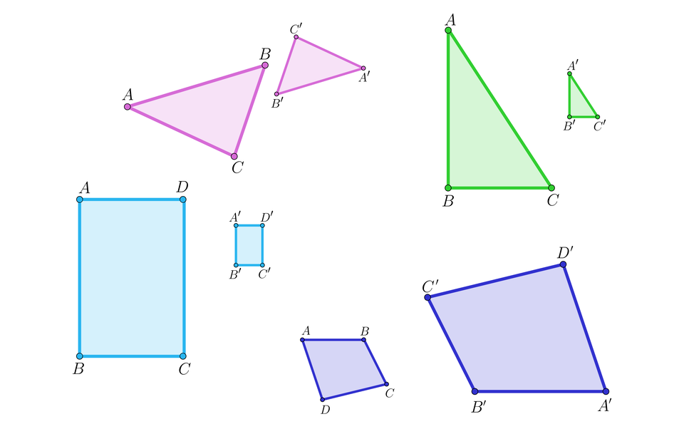 Ilustracja przedstawia cztery pary figur podobnych, czyli takich, które zachowują proporcje między bokami mimo różnych rozmiarów. Na rysunku mamy podobne: prostokąty, trójkąty różnoboczne, prostokątne oraz czworokąty nieforemne.