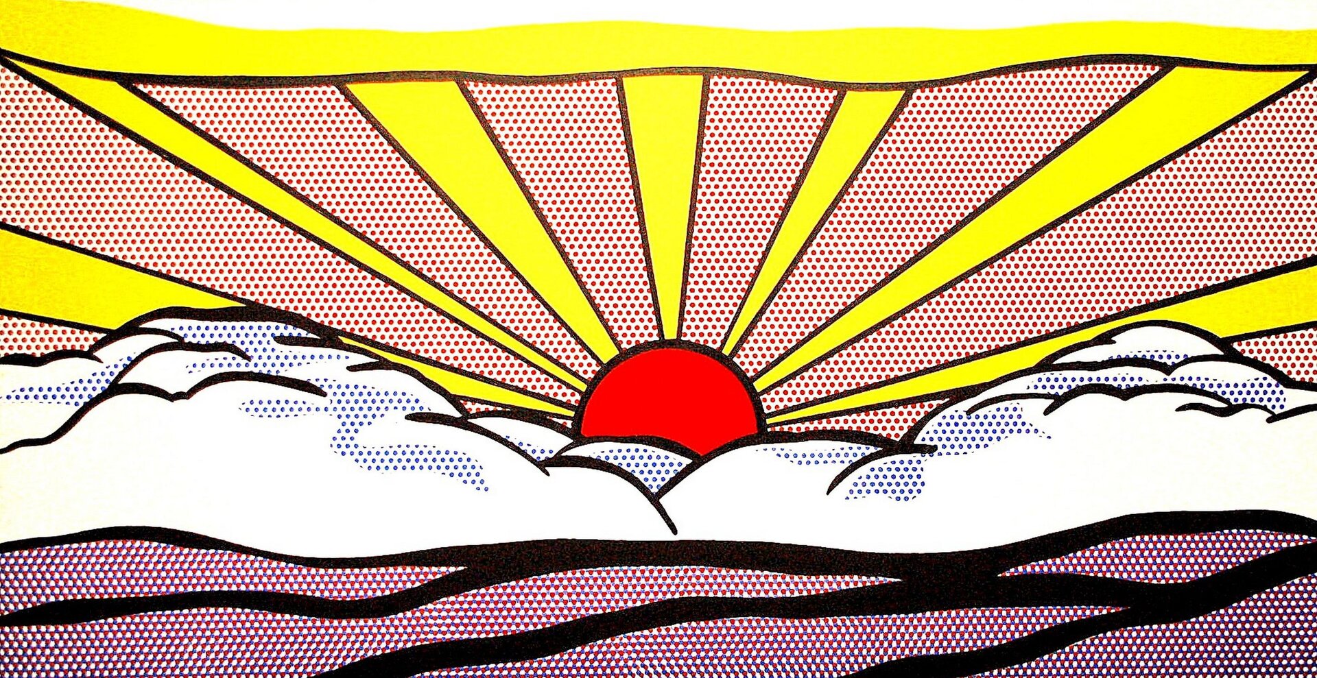 Ilustracja przedstawia dzieło Roya Lichtensteina pt. „Wschód Słońca”. Na obrazie widoczne jest wschodzące słońce, które wyłania się zza chmur.