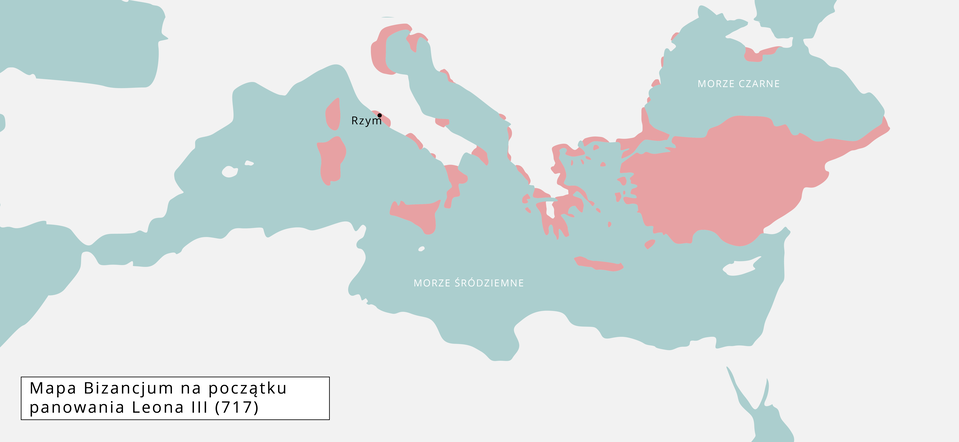 Ilustracja przedstawia mapę Bizancjum na początku panowania Leona III w 717 roku. Teren pomiędzy Morzem Śródziemnym i południową częścią Morza Czarnego a konkretniej część Turcji oraz punktowo w kierunku Rzymu.