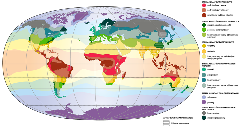 Na mapie świata przedstawiono klasyfikację stref klimatycznych według Okołowicza. Strefa klimatów równikowych dzieli się na podrównikowy suchy, podrównikowy wilgotny, równikowy wybitnie wilgotny. Miejsca występowania to między innymi: północna część Ameryki Południowej, Ameryka Środkowa, środkowa Afryka, Madagaskar, Archipelag Malajski, Nowa Gwinea, Filipiny, północna Australia. Strefa klimatów podzwrotnikowych obejmuje: klimat morski, śródziemnomorski, pośredni kontynentalny, kontynentalny suchym półpustynny, pustynny. Miejsca występowania to między innymi: środkowe i południowe USA, basen Morza Śródziemnego, Iran, Afganistan, środkowe i wschodnie Chiny, Japonia (bez Hokkaido), środkowe Chile, północna Argentyna, Urugwaj, południowe krańce RPA, południowe krańce Australii, Wyspa Północna Nowej Zelandii. Strefa klimatów zwrotnikowych obejmuje: klimat wilgotny, pośredni, kontynentalny suchy i skrajnie suchy, pustynny.  Miejsca występowania to między innymi: północny Meksyk, Floryda, środkowa część Ameryki Południowej, Sahara, Półwysep Arabski, Indyjski i Indochiński, południowe Chiny, południowa Afryka, środkowa Australia. Strefa klimatów umiarkowanych ciepłych obejmuje klimat: morski, przejściowy, kontynentalny, kontynentalny suchy, półpustynny, pustynny. Miejsca występowania to między innymi: północne USA, południowa i środkowa Kanada, Europa bez południowej i północnej, środkowa Azja, Hokkaido. Strefa klimatów okołobiegunowych obejmuje: klimat subpolarny, polarny. Miejsca występowania to między innymi: Alaska, północne krańce Kanady, Grenlandia, północne krańce Eurazji, Antarktyda. Strefa klimatów umiarkowanych i chłodnych obejmuje: klimat kontynentalny, morski i przejściowy. Miejsca występowania to między innymi: południowa Argentyna, Europa Północna, część północnej Kanady, Azja północna, bez pasa najbardziej na północ.