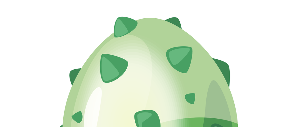 Na ilustracji widać duże, jajowate jajo w odcieniach jasnej i pastelowej zieleni. Powierzchnia jaja jest gładka, z delikatnym gradientem światła, a na jego skorupce rozmieszczone są nieregularne zielone wypustki przypominające małe łuski lub kolce. Obraz jest rysunkowy i stylizowany, jak z bajkowej lub dziecięcej ilustracji.