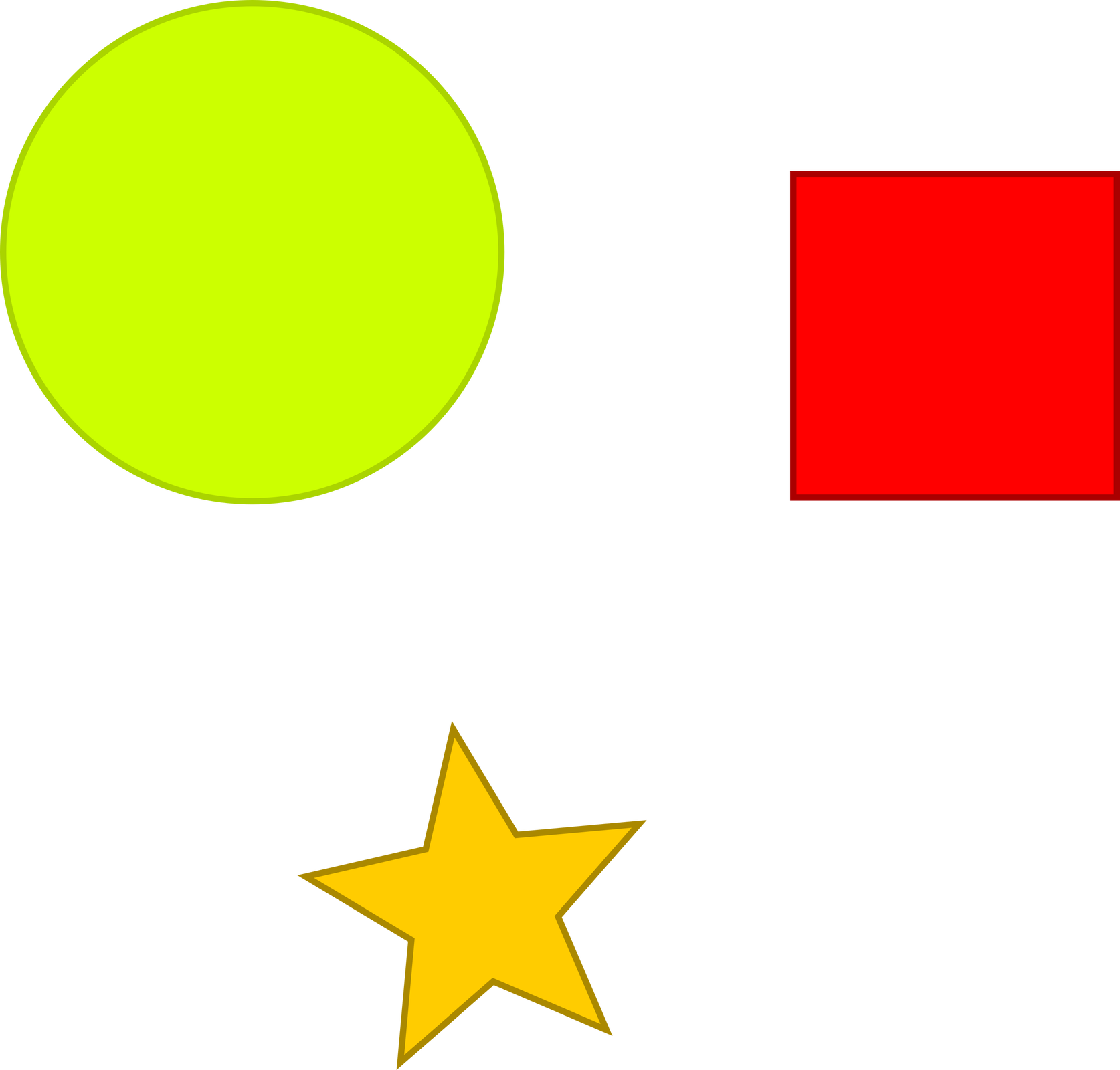 Ilustracja przedstawia zielone koło, czerwony kwadrat oraz pomarańczową gwiazdkę.