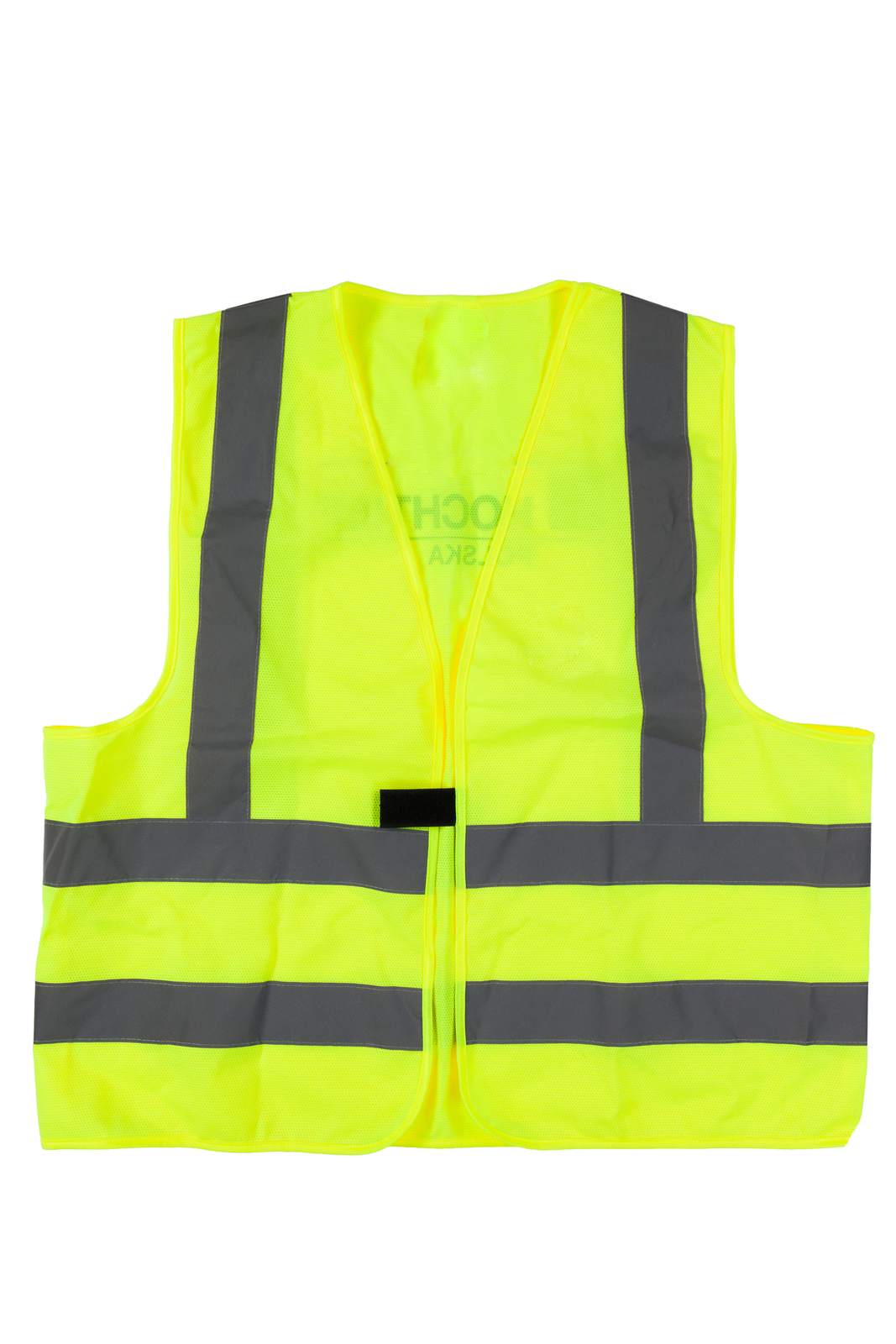 Zdjęcie przedstawia żółtą odblaskową kamizelkę. W dolnej części kamizelki, poniżej klatki piersiowej, dwa szare poziome pasy odblaskowe. Pasy naszyte poziomo, równolegle. Odległość między pasami to około 2 centymetry. Wzdłuż klatki piersiowej, na środku po lewej i prawej stronie, pojedynczy szary pas pionowy. Szerokość każdego z pasów to około 2 centymetry