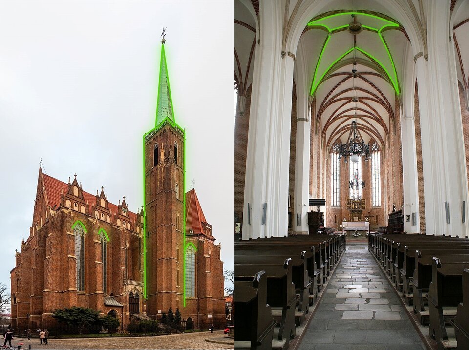 Ilustracja przedstawia dwie fotografie. Po lewej stronie widać kościół z wysoką strzelistą wieżą zakończoną krzyżem. Budynek jest zbudowany z cegły, ma trójkątny spadzisty dach i wysokie okna zakończone na górze łukiem. Po prawej stronie widać wnętrze kościoła, po obu stronach widać rząd ławek ustawionych jedna za drugą, po środku kamienna posadzka prowadząca do ołtarza. Między ławkami widać wysokie kolumny podtrzymujące sufit, który ma okrągłe sklepienie.