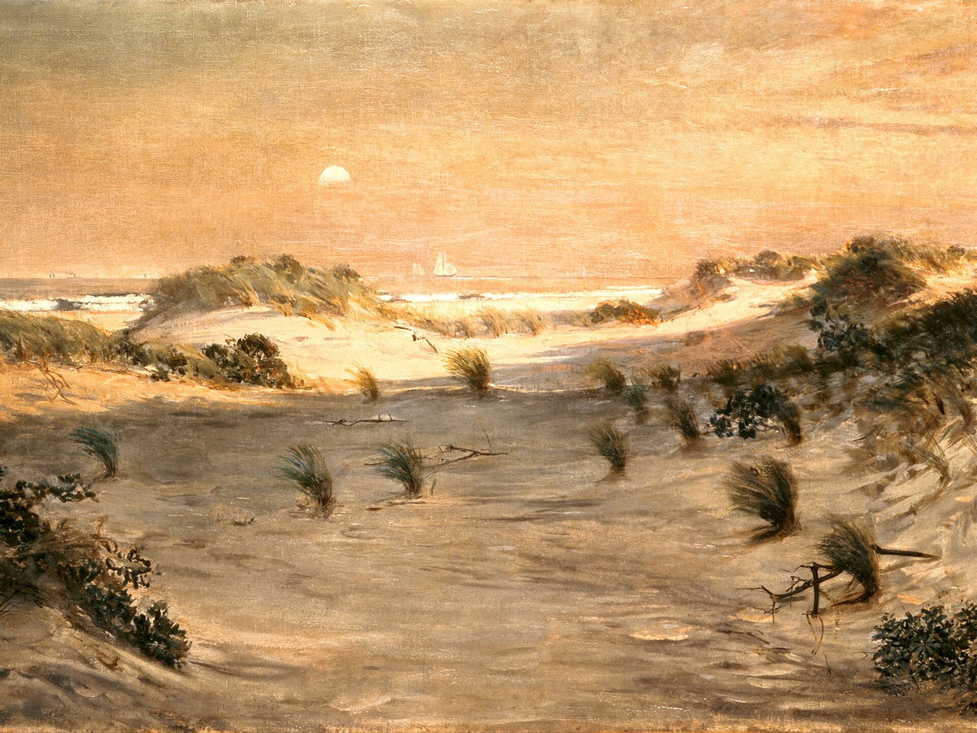 Obraz przedstawia nadmorskie wydmy z widocznym w oddali morzem w porze zachodu słońca. Malowidło utrzymane jest w niemal jednokolorowym tonie jasnych brązów. Od szarych, po zbliżone do pomarańczowych. Ponad połowę obrazu zajmują tytułowe wydmy porośnięte gdzieniegdzie kępami traw. Na pierwszym planie dość równy na środku i wznoszący się bokami teren jest zacieniony. Widoczne dalej nieregularne wzniesienia, a za nimi spienione fale przyboju rozświetla niewidoczne na obrazie słońce. W oddali w środkowej partii obrazu ledwie zarysowanej granicy morza i nieba bieleją trójkątne żagle dwóch łodzi. Na lewo od nich i wyżej zza chmur rozjaśnionych słońcem, które malarz obserwujący krajobraz miał za plecami, wyłania się księżyc w pełni.