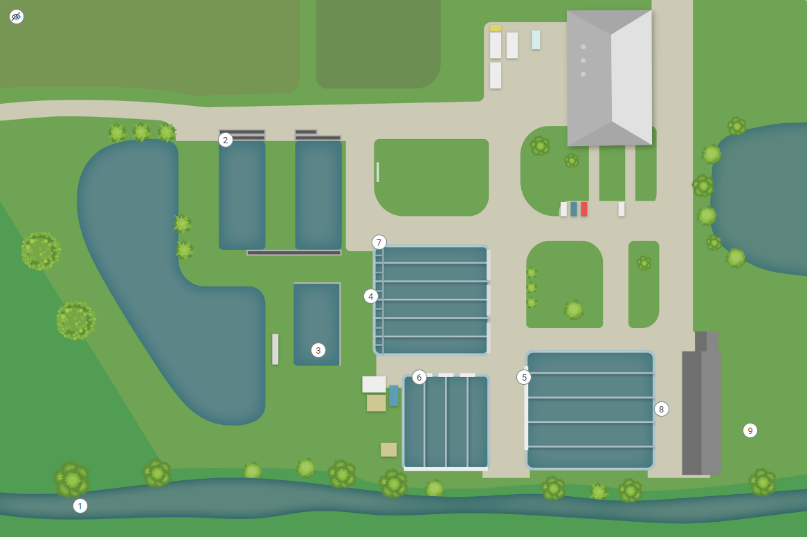 Na obrazku widoczny jest przykładowy wygląd grafiki interaktywnej. Widać liczne stawy z lotu ptaka. W różnych miejscach grafiki interaktywnej widoczne są białe znaczniki z numerami. Można na nie klikać. W górnym lewym rogu widoczny jest znacznik z przekreślonym okiem. Kliknięcie na niego spowoduje ukrycie wszystkich znaczników.