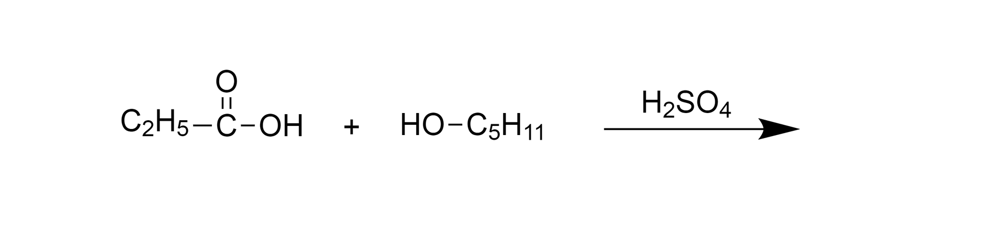 Ilustracja przedstawiająca równanie reakcji pomiędzy kwasem propionowym oraz  pentan-1-olem. Cząsteczka kwasu propionowego zbudowana z grupy etylowej C2H5 związanej z atomem węgla połączonym za pomocą wiązania podwójnego z atomem tlenu oraz za pomocą wiązania pojedynczego z grupą hydroksylową OH. Dodać cząsteczka pentan-1-olu zbudowana z grupy C5H11 połączonej z grupą hydroksylową OH. Strzałka w prawo, nad strzałką stężony kwas siarkowy.
