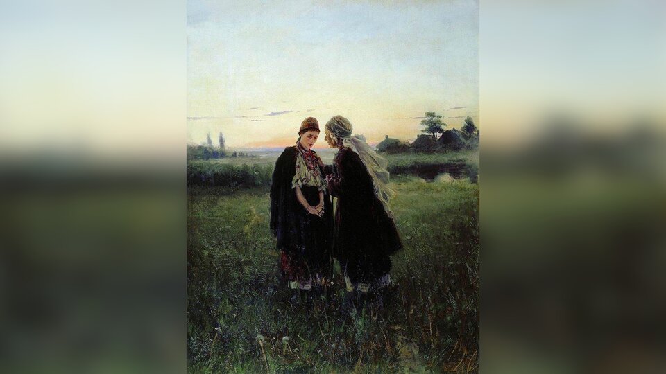 Obraz przedstawia dwie kobiety stojące na łące. Jedna z nich jest dojrzała, druga młoda. Rozmawiają ze sobą. Młoda kobieta pochyla głowę. Ręce trzyma nisko. Zaplata palce. Na drugim planie rosną drzewa i stoją wiejskie chaty. W tle niebo z zachodzącym słońcem.