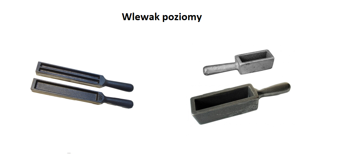 Ilustracja przedstawia cztery wlewaki poziome. Wlewaki są różnej wielkości. Wlewak poziomy zbudowany jest z rączki oraz poziomego naczynia w kształcie prostokąta z miejscem na wlanie formy. 