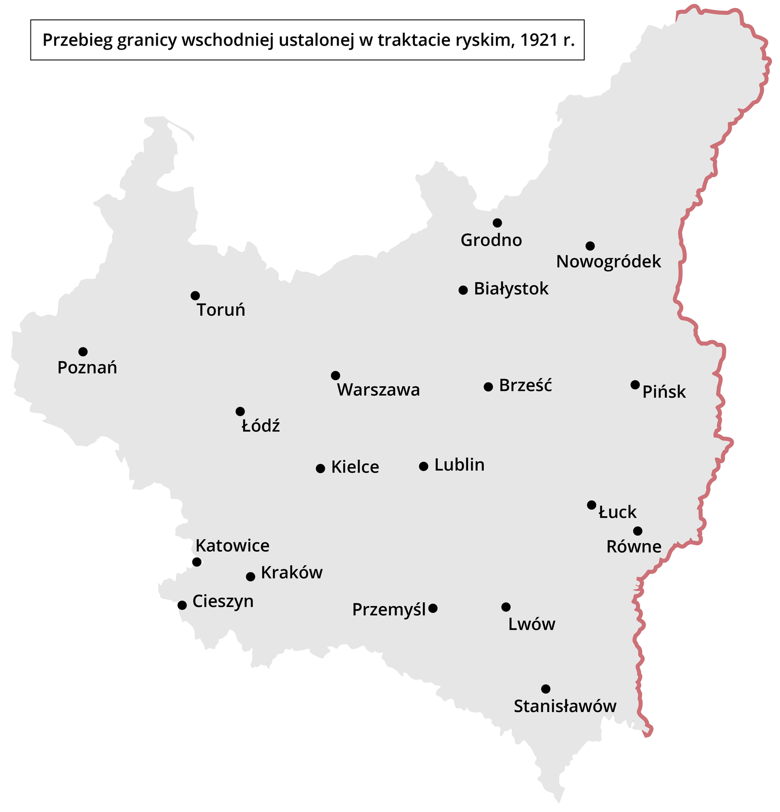 Ilustracja przedstawia mapę II Rzeczypospolitej Polskiej. Zaznaczony jest przebieg granicy wschodniej ustalonej w traktacie ryskim z 1921 roku.
