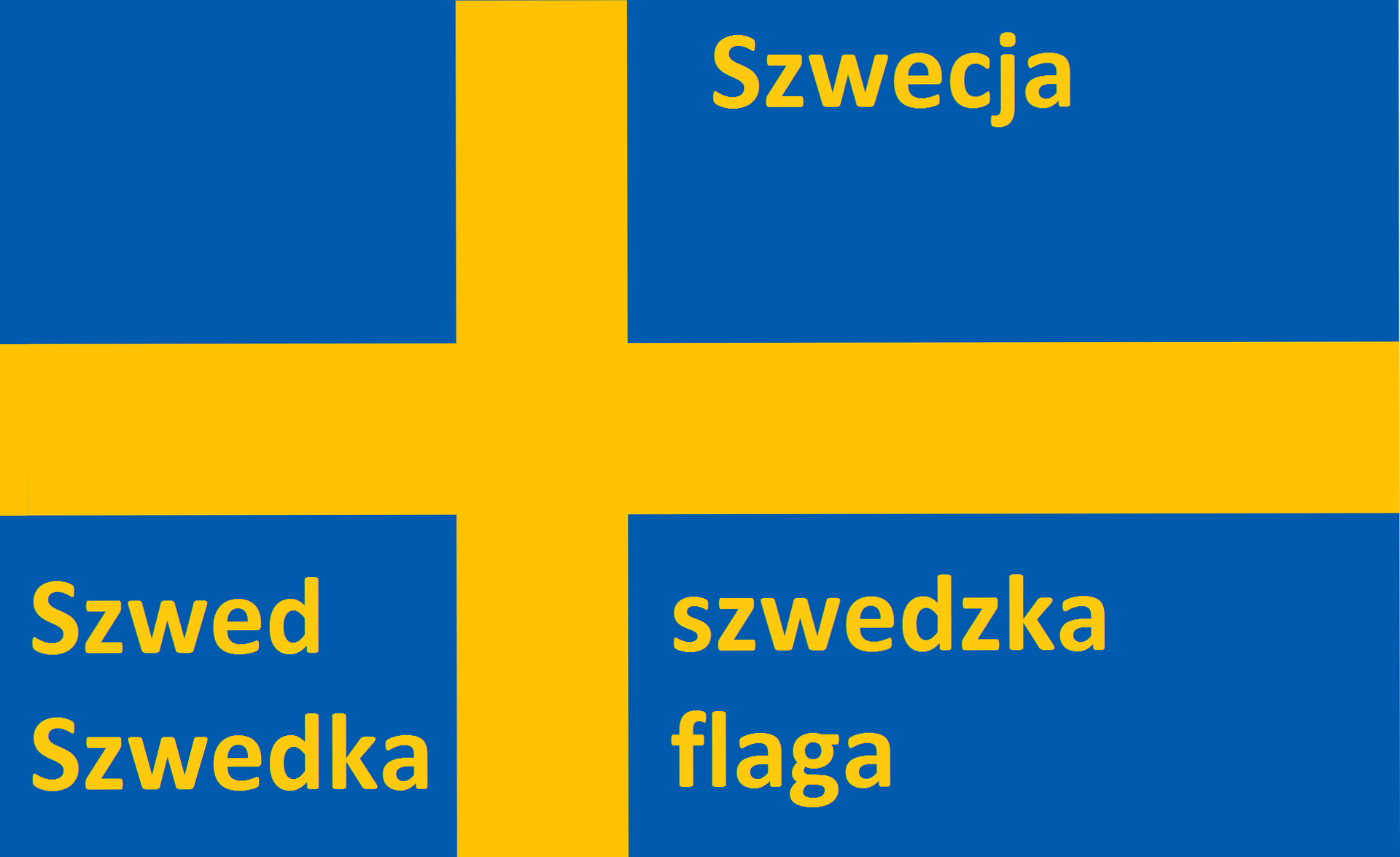 Grafika przedstawia flagę Szwecji - żółty krzyż poziomy na niebieskim tle. W prawym górnym rogu żółty napis: Szwecja. W prawym dolnym rogu żółty napis: szwedzka flaga. W lewym dolnym rogu żółty napis: Szwed, Szwedka.