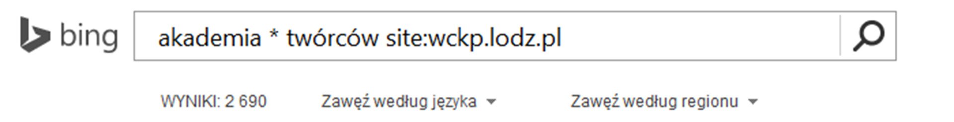 Zrzut paska wyszukiwarki Bing z wpisanym tekstem oraz Site