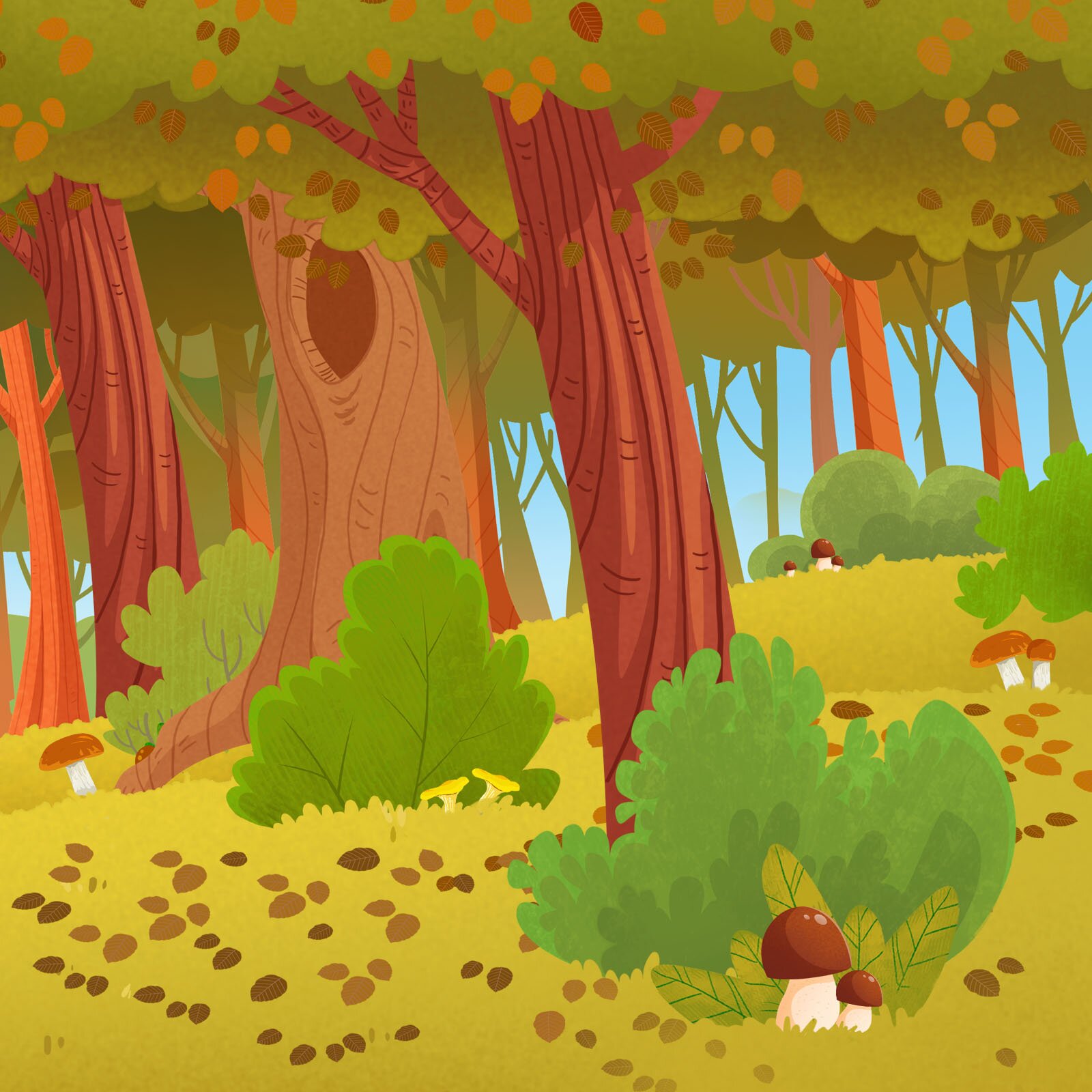 Ilustracja przedstawia las jesienią. Drzewa mają kolorowe liście, na ziemi leżą opadłe liście, pod drzewami rosną grzyby.