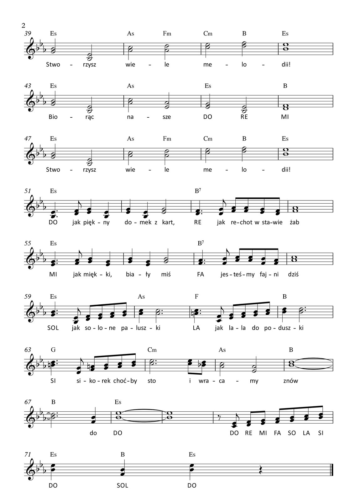 Grafika przedstawia partyturę utworu „Do‑Re‑Mi” z muzyką autorstwa kompozytora Richarda Rodgersa oraz tekstem autorstwa Oscara Hammersteina II; utwór jest napisany w metrum cztery czwarte, w tonacji Es‑dur. Partytura ma dwie strony, na których zapisano siedemdziesiąt jeden taktów. Melodię w dwugłosie zapisano w kluczu wiolinowym, a pod nutami zanotowano tekst. Wszystkie dźwięki należą do oktaw razkreślnej lub dwukreślnej. To jest opis drugiej strony partytury.
W takcie trzydziestym dziewiątym w górnym głosie na pierwsze dwie miary śpiewana jest półnuta b, na miary trzecią oraz czwartą półnuta es. W głosie dolnym na pierwsze dwie miary śpiewana jest półnuta g, a na miary trzecią oraz czwartą półnuta b. Nad taktem zapisano akord Es‑dur. W takcie czterdziestym w górnym głosie na pierwsze dwie miary śpiewana jest półnuta a, natomiast na miary trzecią oraz czwartą półnuta d. W głosie dolnym na pierwsze dwie miary wykonywana jest półnuta as, a na miary trzecią oraz czwartą ponownie półnuta as. Nad taktem zapisano akordy: As‑dur na pierwsze dwie miary oraz f‑moll na miary trzecią oraz czwartą. W takcie czterdziestym pierwszym w górnym głosie na pierwsze dwie miary śpiewana jest półnuta es, natomiast na miary trzecią oraz czwartą półnuta f. W głosie dolnym na pierwsze dwie miary śpiewana jest półnuta c, a na miary trzecią oraz czwartą półnuta d. Nad taktem zapisano akordy: c‑moll na pierwsze dwie miary oraz B‑dur na miary trzecią oraz czwartą. W takcie czterdziestym drugim śpiewana jest cała nuta es w górnym głosie, natomiast w głosie dolnym cała nuta b. Nad taktem zapisano akord Es‑dur.
W czterdziestym trzecim takcie w górnym głosie na pierwsze dwie miary śpiewana jest półnuta b, na miary trzecią oraz czwartą półnuta es. W głosie dolnym na pierwsze dwie miary śpiewana jest półnuta g, a na miary trzecią oraz czwartą półnuta b. Nad taktem zapisano akord Es‑dur. W takcie czterdziestym czwartym w górnym głosie na pierwsze dwie miary śpiewana jest półnuta c, natomiast na miary trzecią oraz czwartą półnuta as. W głosie dolnym na pierwsze dwie miary śpiewana jest półnuta as, a na miary trzecią oraz czwartą półnuta es. Nad taktem zapisano akord As‑dur. W takcie czterdziestym piątym w górnym głosie na pierwsze dwie miary śpiewana jest półnuta g, a na miary trzecią oraz czwartą półnuta es. W głosie dolnym na pierwsze dwie miary śpiewana jest półnuta es, a na miary trzecią oraz czwartą półnuta b. Nad taktem zapisano akord Es‑dur. W takcie czterdziestym szóstym śpiewana jest cała nuta f w górnym głosie, a w głosie dolnym cała nuta d. Nad taktem zapisano akord B‑dur.
W takcie czterdziestym siódmym w górnym głosie na pierwsze dwie miary śpiewana jest półnuta b, na miary trzecią oraz czwartą półnuta es. W głosie dolnym na pierwsze dwie miary śpiewana jest półnuta g, a na miary trzecią oraz czwartą półnuta b. Nad taktem zapisano akord Es‑dur. W takcie czterdziestym ósmym w górnym głosie na pierwsze dwie miary śpiewana jest półnuta a, natomiast na miary trzecią oraz czwartą półnuta d. W głosie dolnym na pierwsze dwie miary wykonywana jest półnuta as, a na miary trzecią oraz czwartą ponownie półnuta as. Nad taktem zapisano akordy: As‑dur na pierwsze dwie miary oraz f‑moll na miary trzecią oraz czwartą. W takcie czterdziestym dziewiątym w górnym głosie na pierwsze dwie miary śpiewana jest półnuta es, natomiast na miary trzecią oraz czwartą półnuta f. W głosie dolnym na pierwsze dwie miary śpiewana jest półnuta c, a na miary trzecią oraz czwartą półnuta d. Nad taktem zapisano akordy: c‑moll na pierwsze dwie miary oraz B‑dur na miary trzecią oraz czwartą. W takcie pięćdziesiątym śpiewana jest cała nuta es w górnym głosie, natomiast w głosie dolnym cała nuta b. Nad taktem zapisano akord Es‑dur.
W pięćdziesiątym pierwszym takcie w górnym głosie na pierwszą miarę śpiewana jest ćwierćnuta z kropką es, dalej ósemka f, na miarę trzecią ćwierćnuta g, a na miarę czwartą ćwierćnuta es. W głosie dolnym na pierwszą miarę śpiewana jest ćwierćnuta z kropką b, dalej ósemka d, na miarę trzecią ćwierćnuta es, a na czwartą miarę ćwierćnuta b. Nad taktem zapisano akord Es‑dur. W pięćdziesiątym drugim takcie w górnym głosie na pierwszą miarę śpiewana jest ćwierćnuta g, na miarę drugą ćwierćnuta es, a na miary trzecią oraz czwartą półnuta g. W głosie dolnym na pierwszą miarę śpiewana jest ćwierćnuta es, na miarę drugą ćwierćnuta b, natomiast na miarę trzecią oraz czwartą półnuta es. Nad taktem zapisano akord Es‑dur. W pięćdziesiątym trzecim takcie w górnym głosie na pierwszą miarę śpiewana jest ćwierćnuta z kropką f, dalej ósemka g, na miarę trzecią dwie ósemki as, a na miarę czwartą ósemki g oraz f. W głosie dolnym na pierwszą miarę śpiewana jest ćwierćnuta z kropką d, dalej ósemka d, na trzecią miarę dwie ósemki f, natomiast na miarę czwartą ósemki es oraz d. Nad taktem zapisano akord: dominantę septymową B. W pięćdziesiątym czwartym takcie śpiewana jest w górnym głosie cała nuta as, a w głosie dolnym cała nuta f. Nad taktem zapisano akord: dominantę septymową B.
W pięćdziesiątym piątym takcie w górnym głosie na pierwszą miarę śpiewana jest ćwierćnuta z kropką g, dalej ósemka as, na miarę trzecią ćwierćnuta b, a na czwartą miarę ćwierćnuta g. W głosie dolnym na pierwszą miarę śpiewana jest ćwierćnuta z kropką es, dalej ósemka f, na miarę trzecią ćwierćnuta g, natomiast na miarę czwartą ćwierćnuta es. Nad taktem zapisano akord Es‑dur. W takcie pięćdziesiątym szóstym w górnym głosie na pierwszą miarę śpiewana jest ćwierćnuta b, na miarę drugą ćwierćnuta g, natomiast na miary trzecią oraz czwartą półnuta b. W głosie dolnym na pierwszą miarę śpiewana jest ćwierćnuta g, na miarę drugą ćwierćnuta es, a na miary trzecią oraz czwartą półnuta g. Nad taktem zapisano akord Es‑dur. W takcie pięćdziesiątym siódmym w górnym głosie na pierwszą miarę śpiewana jest ćwierćnuta z kropką as, dalej ósemka b, na miarę trzecią dwie ósemki c, a na miarę czwartą ósemki b oraz as. W głosie dolnym na pierwszą miarę śpiewana jest ćwierćnuta z kropką f, dalej ósemka f, na miarę trzecią dwie ósemki as, natomiast na czwartą miarę dwie ósemki f. Nad taktem zapisano akord: dominantę septymową B. W pięćdziesiątym ósmym takcie śpiewana jest w górnym głosie cała nuta c, a w głosie dolnym całą nuta as. Nad taktem zapisano akord: dominantę septymową B.
W pięćdziesiątym dziewiątym takcie w górnym głosie na pierwszą miarę śpiewana jest ćwierćnuta z kropką b, dalej ósemka es, na miarę trzecią ósemki f oraz g, a na miarę czwartą ósemki as oraz b. W głosie dolnym na pierwszą miarę śpiewana jest ćwierćnuta z kropką g, dalej ósemka b, na miarę trzecią ósemki d oraz es, a na miarę czwartą ósemki f oraz g. Nad taktem zapisano akord Es‑dur. W takcie sześćdziesiątym w górnym głosie na pierwszą miarę śpiewana jest ćwierćnuta c, a na miary od drugiej do czwartej włącznie półnuta z kropką c. W głosie dolnym na pierwszą miarę śpiewana jest ćwierćnuta as, a na miary od drugiej do czwartej włącznie półnuta z kropką as. Nad taktem zapisano akord As‑dur. W takcie sześćdziesiątym pierwszym w górnym głosie na pierwszą miarę śpiewana jest ćwierćnuta z kropką c, dalej ósemka f, na miarę trzecią ósemki g oraz a, a na miarę czwartą ósemki b oraz c. W głosie dolnym na pierwszą miarę śpiewana jest ćwierćnuta z kropką a, dalej ósemka c, na miarę trzecią ósemki es oraz f, a na miarę czwartą ósemki g oraz a. Nad taktem zapisano akord F‑dur. W sześćdziesiątym drugim takcie w górnym głosie na pierwszą miarę śpiewana jest ćwierćnuta d, natomiast na miary od drugiej do czwartej włącznie półnuta z kropką d. W głosie dolnym śpiewana jest na pierwszą miarę ćwierćnuta b, a na miary od drugiej do czwartej włącznie półnuta z kropką b. Nad taktem zapisano akord B‑dur.
W takcie sześćdziesiątym trzecim w górnym głosie na pierwszą miarę śpiewana jest ćwierćnuta z kropką d, dalej ósemka g, na miarę trzecią ósemki a oraz h, a na miarę czwartą ósemki c oraz d. W głosie dolnym na pierwszą miarę śpiewana jest ćwierćnuta z kropką h, dalej ósemka d, na miarę trzecią ósemki f oraz g, natomiast na miarę czwartą ósemki a oraz h. Nad taktem zapisano akord G‑dur. W sześćdziesiątym czwartym takcie w górnym głosie na pierwsze trzy miary śpiewana jest półnuta z kropką es, a na miarę czwartą ósemki es oraz d. W głosie dolnym na pierwsze trzy miary śpiewana jest półnuta z kropką c, a na miarę czwartą ósemki c oraz b. Nad taktem zapisano akord c‑moll. W takcie sześćdziesiątym piątym w górnym głosie na pierwsze dwie miary śpiewana jest półnuta c, a na miary trzecią oraz czwartą półnuta as. W dolnym głosie na pierwsze dwie miary śpiewana jest półnuta as, a na miary trzecią oraz czwartą półnuta es. Nad taktem zapisano akord As‑dur. W sześćdziesiątym szóstym takcie śpiewana jest w głosie górnym cała nuta d, przedłużona do kolejnego taktu, natomiast w głosie dolnym cała nuta b, również przedłużona do taktu następnego. Nad taktem zapisano akord B‑dur.
W sześćdziesiątym siódmym takcie w górnym głosie na pierwsze trzy miary zapisano półnutę z kropką d, przedłużoną z poprzedniego taktu, a na miarę czwartą ćwierćnutę b. W głosie dolnym zapisano półnutę z kropką b na pierwsze trzy miary, przedłużoną z poprzedniego taktu, a na miarę czwartą ćwierćnutę f. Nad taktem zapisano akord B‑dur. W takcie sześćdziesiątym ósmym w górnym głosie śpiewana jest cała nuta es, przedłużona do kolejnego taktu, a w głosie dolnym całą nuta b, również przedłużona do kolejnego taktu. Nad taktem zapisano akord Es‑dur. W takcie sześćdziesiątym dziewiątym zapisano w górnym głosie całą nutę es, przedłużoną z taktu poprzedniego, a w głosie dolnym całą nutę b, także przedłużoną z poprzedniego taktu. Nad taktem zapisano akord Es‑dur. W takcie siedemdziesiątym w górnym głosie na pierwszą miarę zapisano pauzę ósemkową oraz ósemkę es, na miarę drugą ósemki f oraz g, na trzecią miarę ósemki as oraz b, natomiast na miarę czwartą ósemki c oraz d. W głosie dolnym na pierwszą miarę zapisano pauzę ósemkową oraz ósemkę c, na miarę drugą ósemki d oraz es, na trzecią miarę ósemki f oraz g, a na miarę czwartą ósemki as oraz b.
W ostatnim, siedemdziesiątym pierwszym takcie w górnym głosie na pierwszą miarę śpiewana jest ćwierćnuta es, na miarę drugą ćwierćnuta b, na trzecią miarę ponownie ćwierćnuta es. W głosie dolnym na pierwszą miarę śpiewana jest ćwierćnuta b, na miarę drugą ćwierćnuta f, natomiast na miarę trzeci ćwierćnuta b. Na czwartą miarę zapisano pauzę ćwierćnutową w obu głosach. Nad taktem zapisano akordy: Es‑dur na pierwszą miarę, B‑dur na miarę drugą oraz ponownie Es‑dur na miarę trzecią.