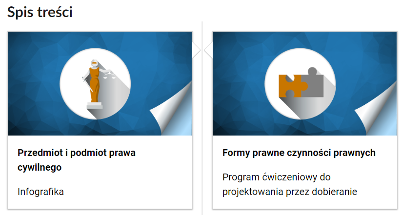 Grafika przedstawia przykładowy wygląd spisu treści. Składa się on z prostokątnych kafelków. Kafelki w dolnej części posiadają podpis na białym tle, a w górnej grafikę odpowiadającą typowi multimedium. Kafelek z lewej nosi tytuł: Przedmiot i podmiot prawa cywilnego, infografika. Grafika symbolizująca infografikę przedstawia boginię sprawiedliwości. W jednej dłoni trzyma wagę, w drugiej miecz, jej oczy są zasłonięte. Kafelek po prawej nosi tytuł: formy prawne czynności prawnych, program ćwiczeniowy do projektowania przez dobieranie. Grafika symbolizująca program przedstawia dwa połączone puzzle.