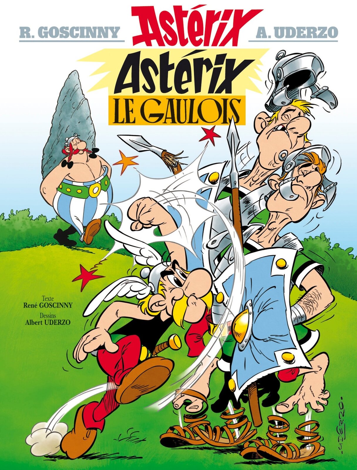 W górnej części ilustracji znajduje się tytuł komiksu w języku angielskim: „Asterix le gaulois”. W środkowej części ilustracji na pierwszym planie znajduje się trzech mężczyzn. Po lewej stronie znajdują się dwaj żołnierze ubrani w zbroje oraz hełmy. Po lewej stronie znajduje się Asterix ubrany w czarną koszulkę, czerwone spodnie oraz hełm z doczepionymi skrzydłami na głowie. Asterix zamachnął się by uderzyć żołnierzy którzy ze strachu wyskoczyli ze swoich butów. Na drugim planie znajduje się mężczyzna ubrany w biało niebieskie spodnie w paski oraz zaplecione czerwone warkocze na głowie. Mężczyzna trzyma głaz, który niesie w kierunku pozostałych postaci. W tle ilustracji znajduje się trawa oraz błękitne niebo.