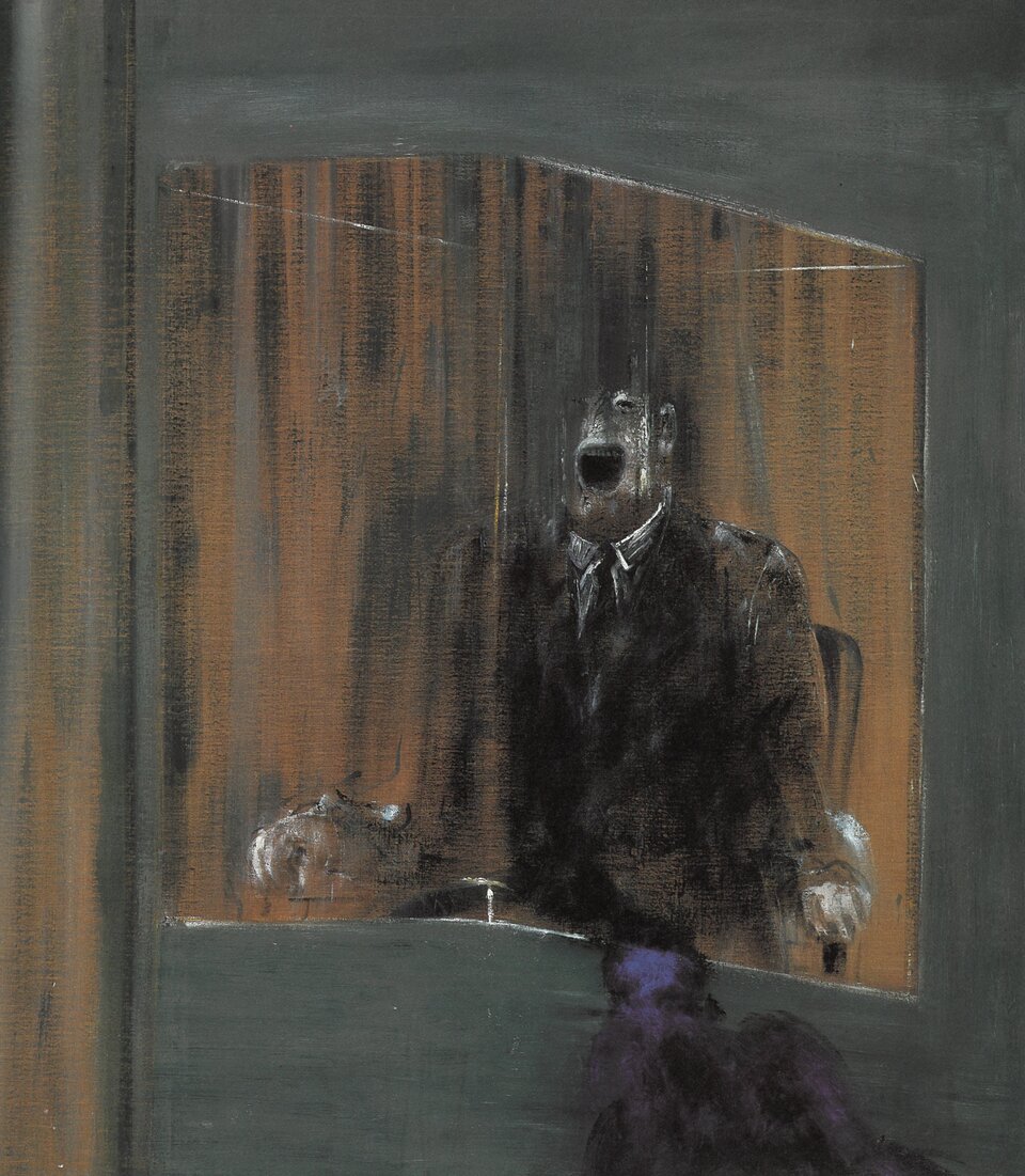 Ilustracja przedstawia obraz Francis'a Bacon'a pt. „Studium do portretu”. Dzieło ukazuje portret krzyczącego mężczyzny w środku przezroczystej klatki . Wyrazem udręki jest kontrast między żółtym światłem , a otaczającym go cieniem. Postać ma szeroko otwarte usta. Krzyk podkreśla samotność ludzkiej egzystencji. Portret nawiązuje do obrazu Velázqueza, „Portret papieża Innocentego X”.